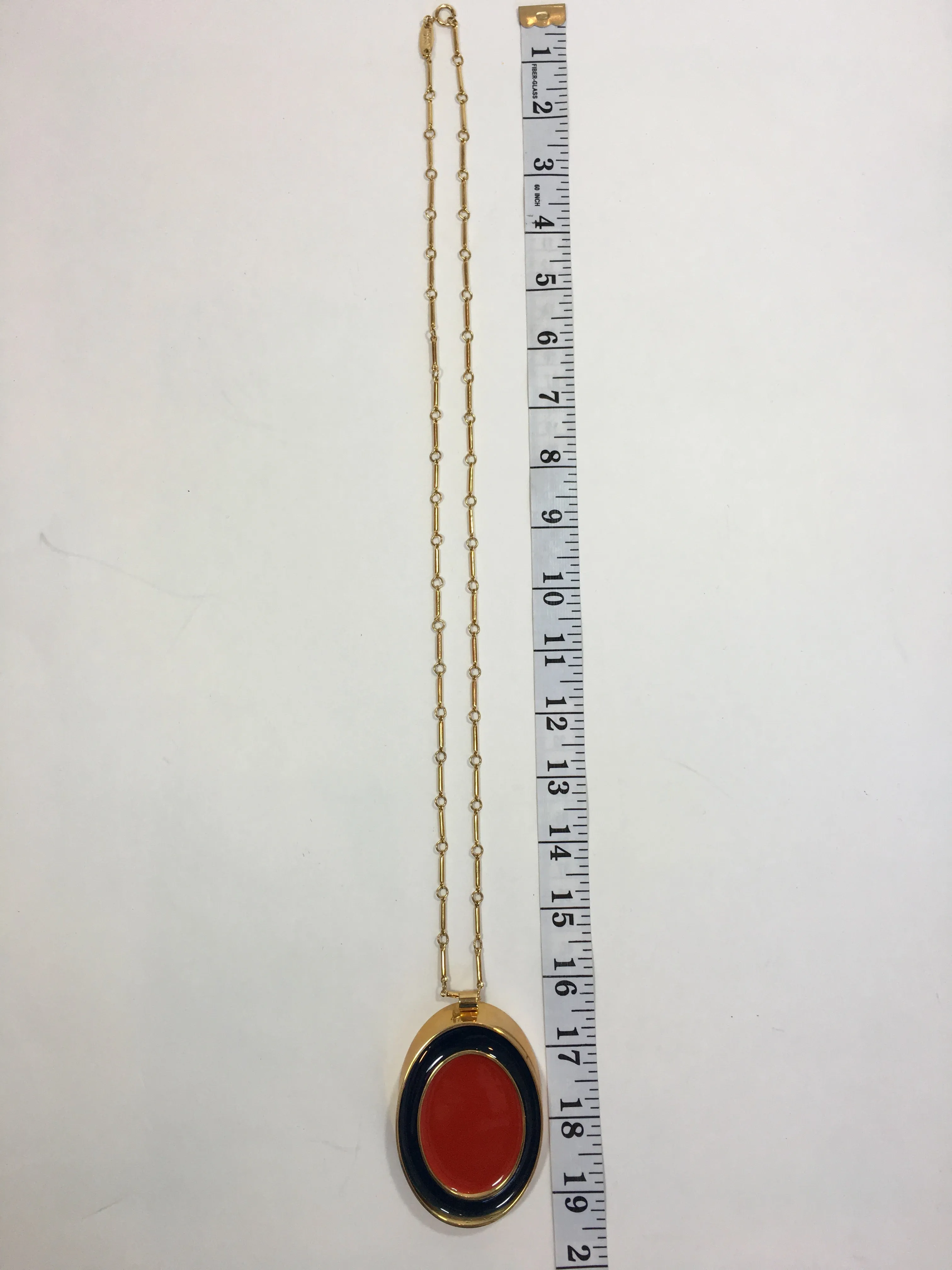 Guy Laroche Gold Tone Necklace with Red   Navy Enamel Plated Oval Pendant