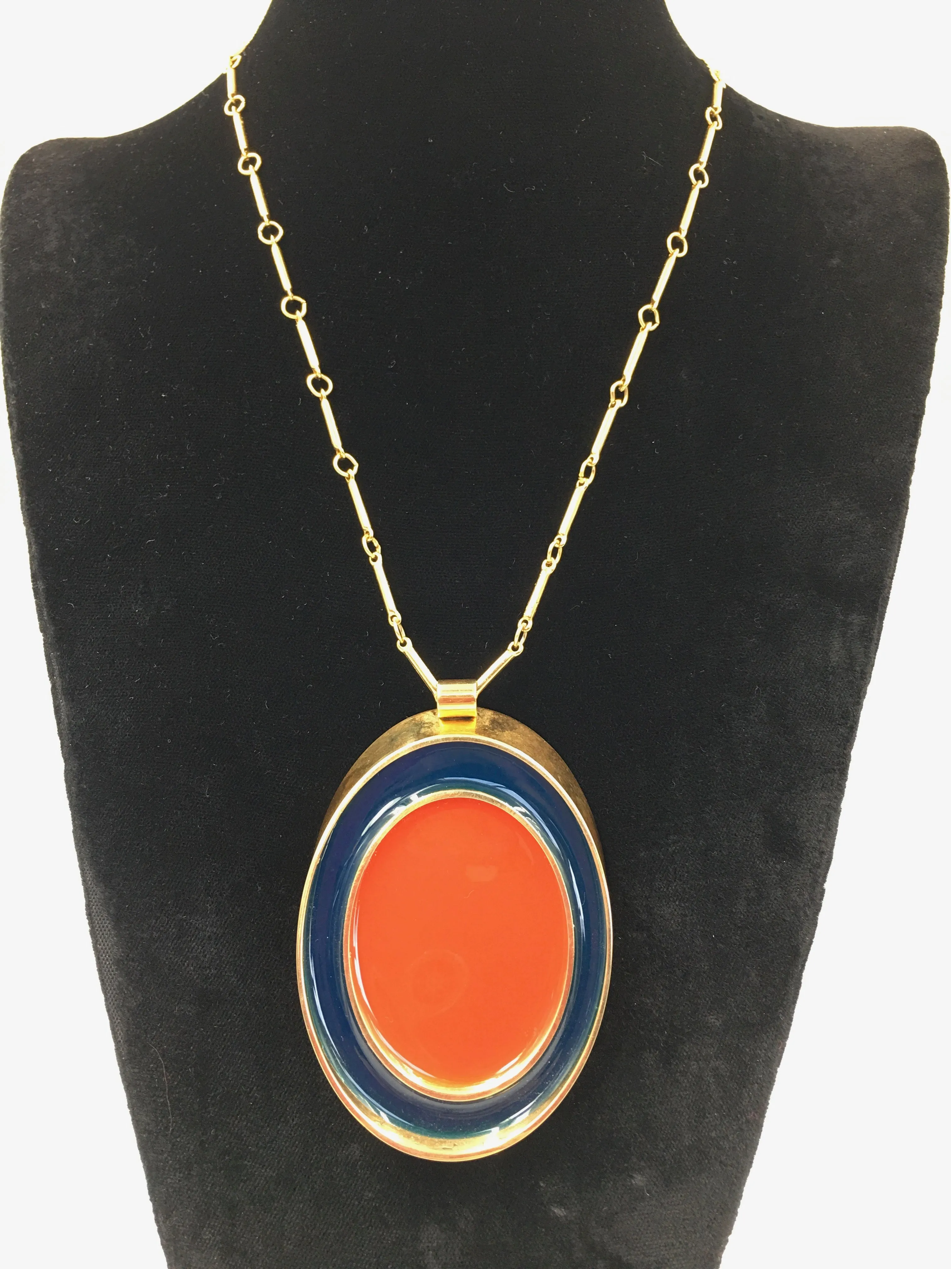 Guy Laroche Gold Tone Necklace with Red   Navy Enamel Plated Oval Pendant