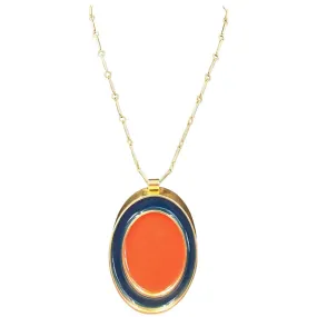 Guy Laroche Gold Tone Necklace with Red   Navy Enamel Plated Oval Pendant