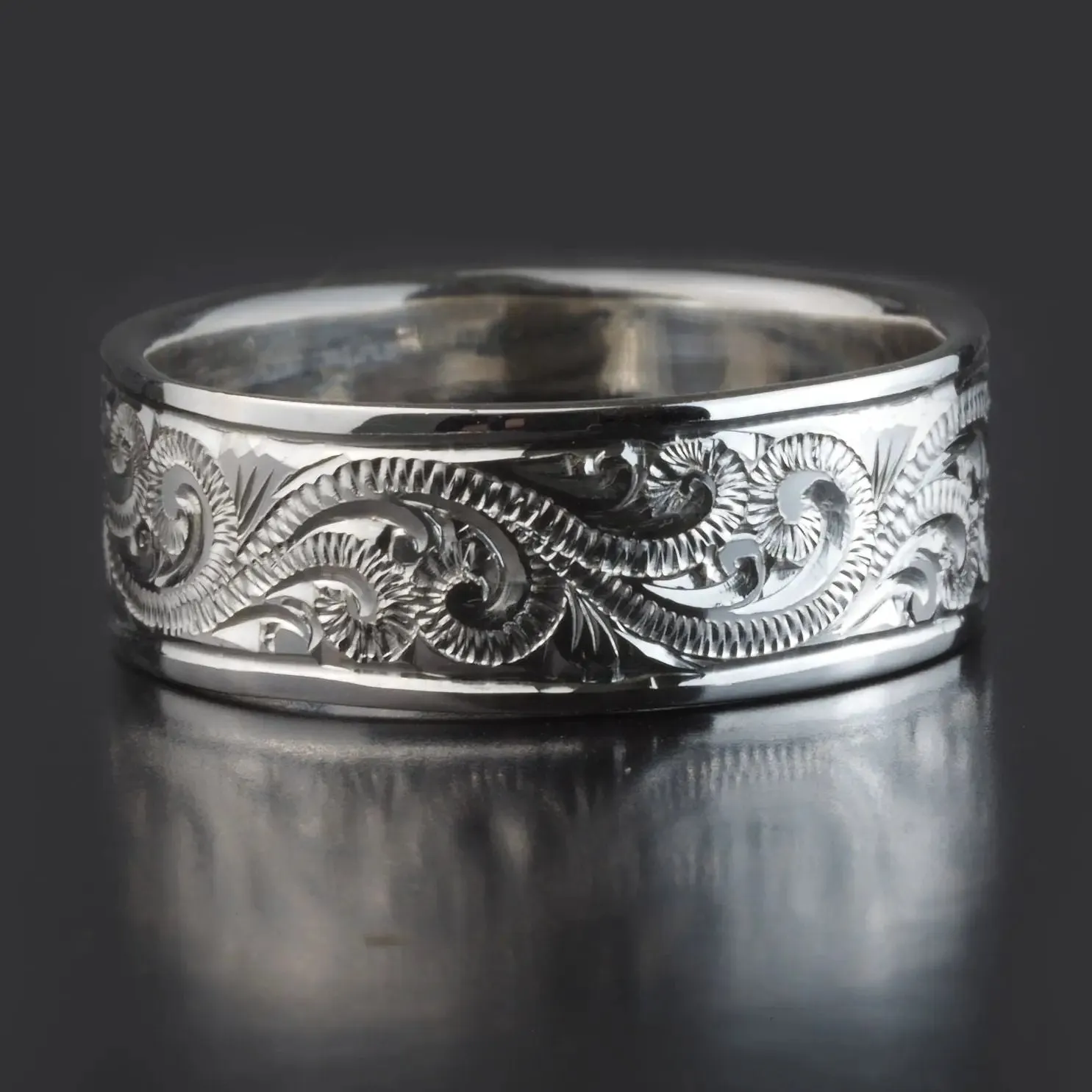 Hand Engraved Scroll Pattern Sterling Silver Wedding Band Ring