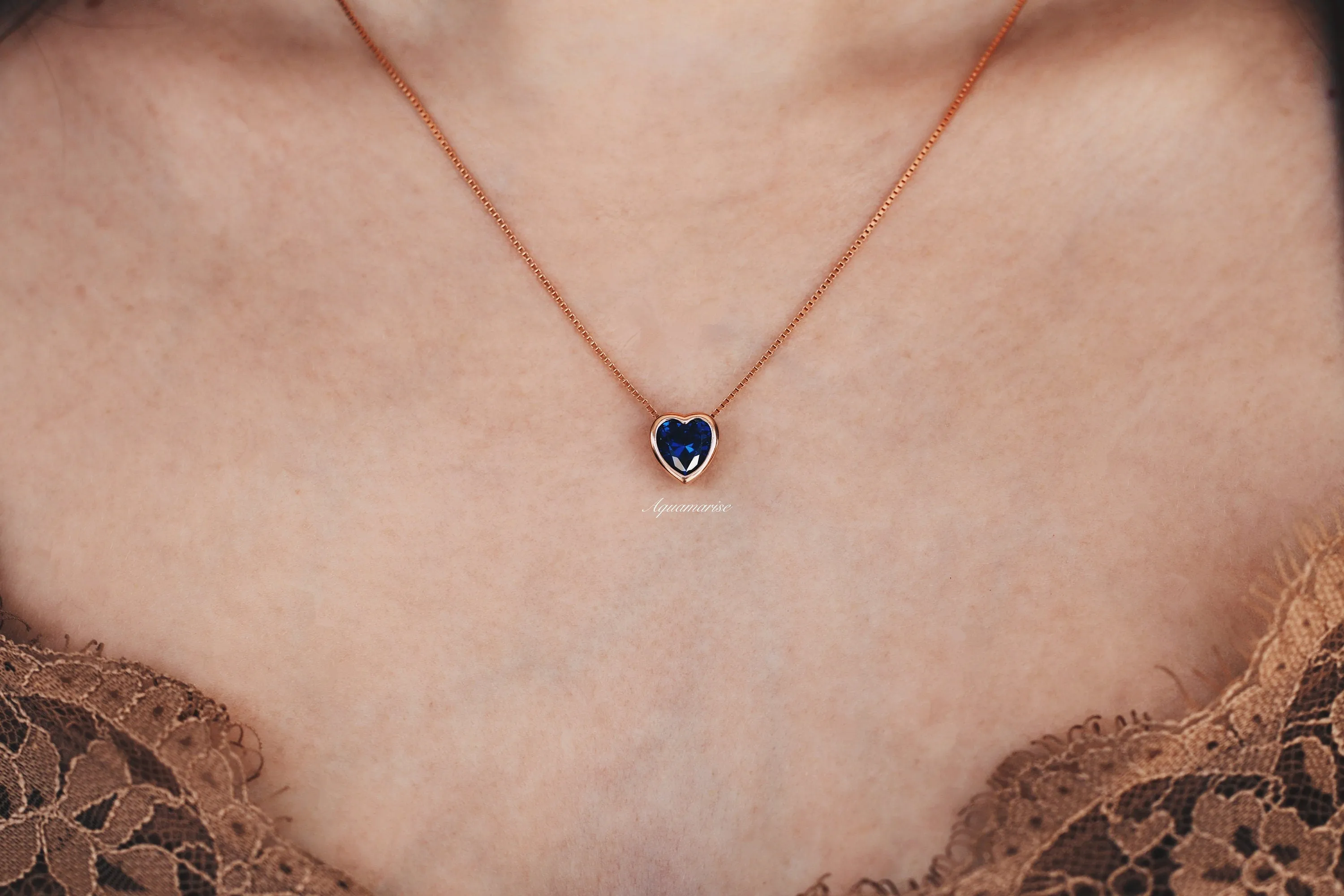 Heart Sapphire Necklace- 14K Rose Gold Vermeil