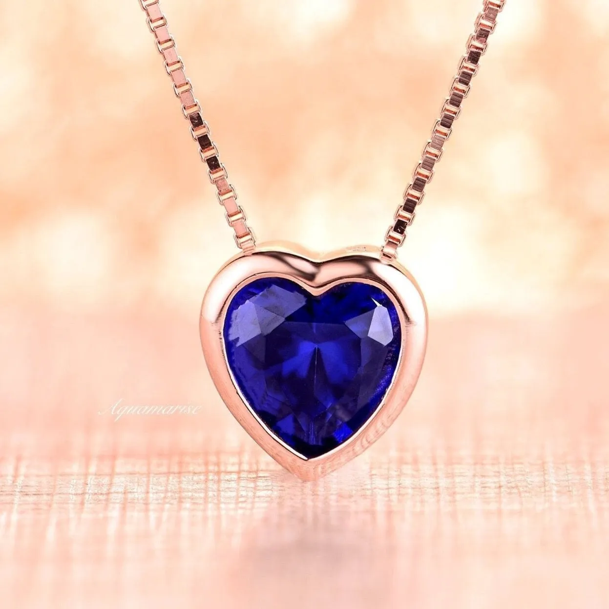 Heart Sapphire Necklace- 14K Rose Gold Vermeil