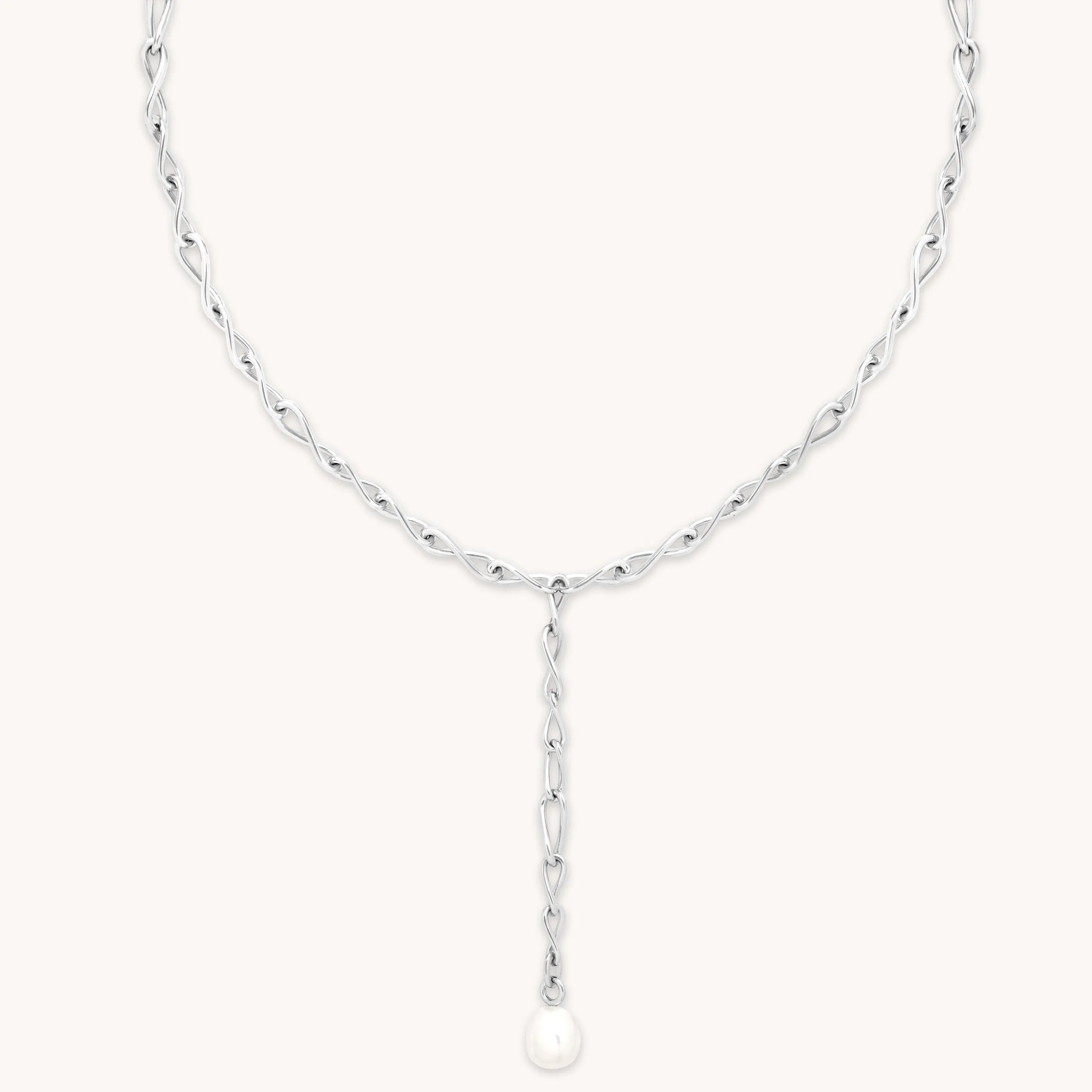 Infinite Pearl Bold Lariat Necklace in Silver