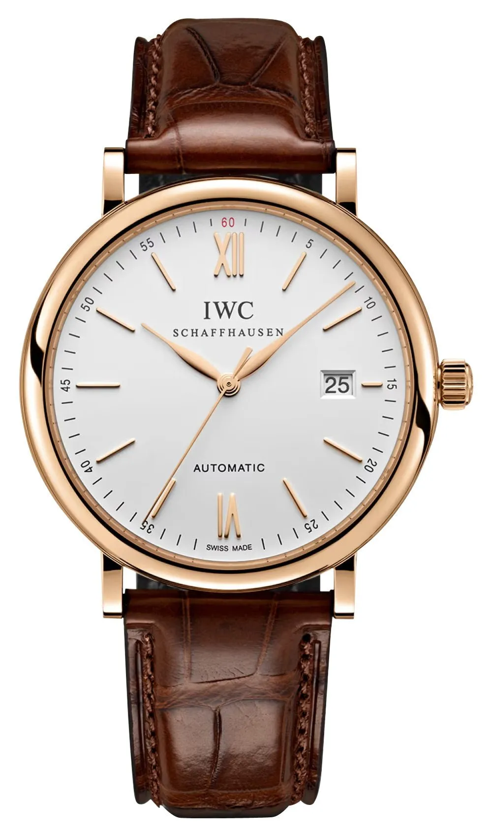 IWC Portofino Automatic 18K Rose Gold Silver Dial Brown Leather Strap Date Mens Watch IW356504