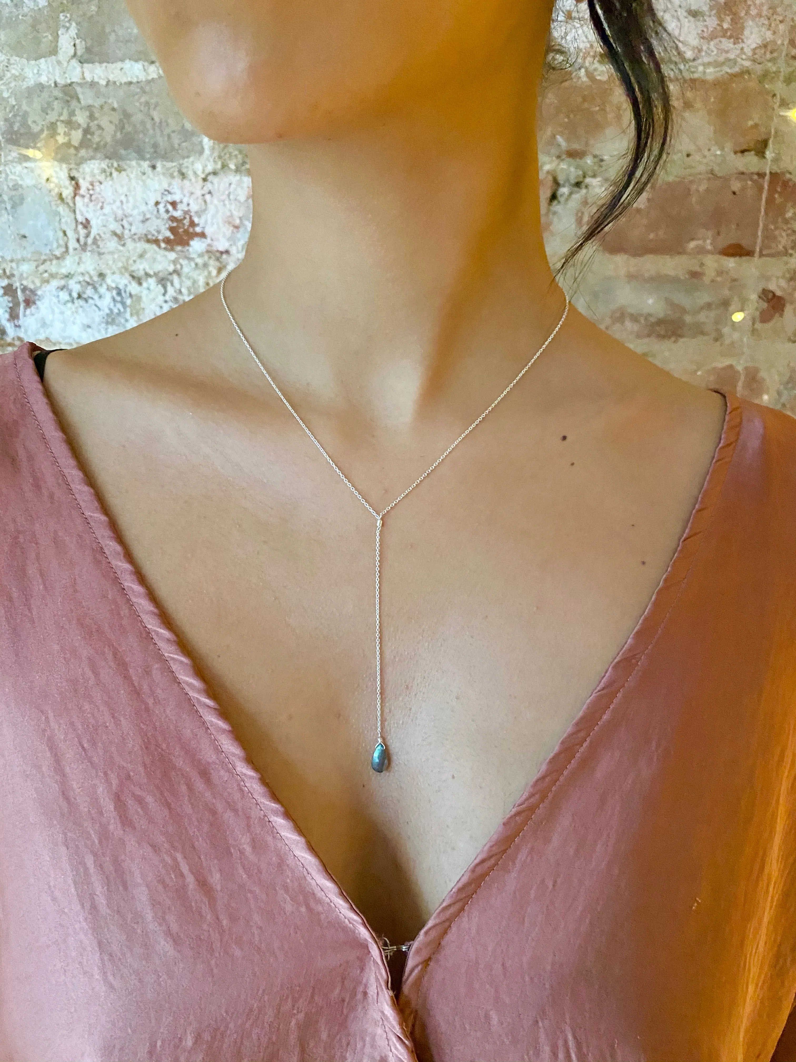 Labradorite and Silver Lariat Teardrop Necklace