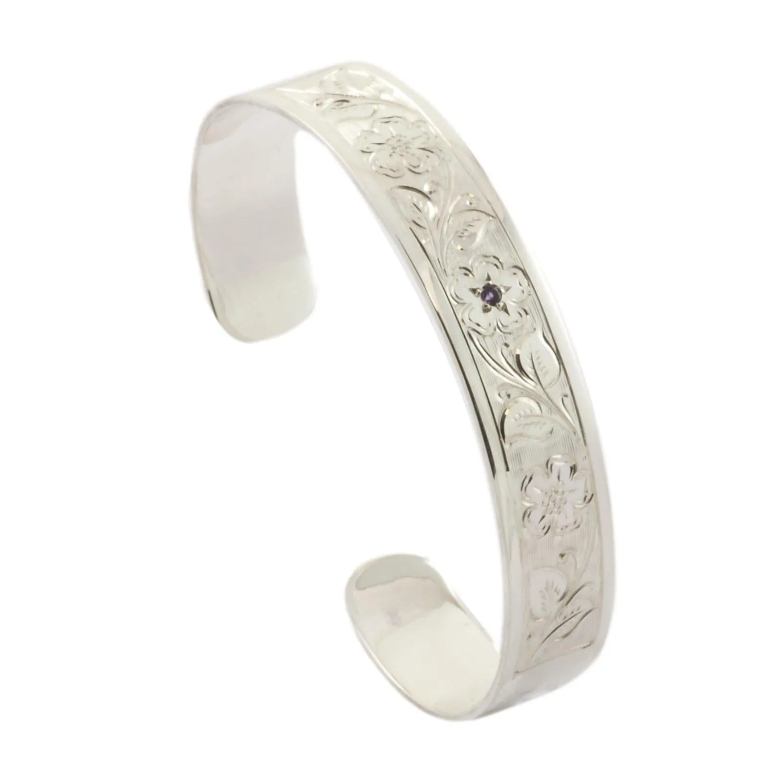 Ladies Sterling Silver Flower Engraved Birthstone Cuff Bracelet