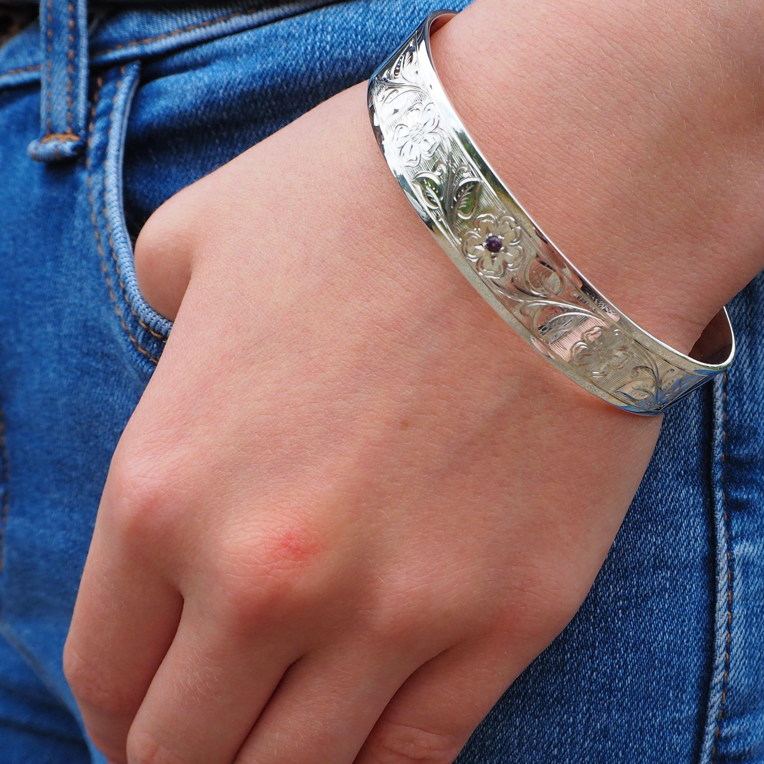 Ladies Sterling Silver Flower Engraved Birthstone Cuff Bracelet