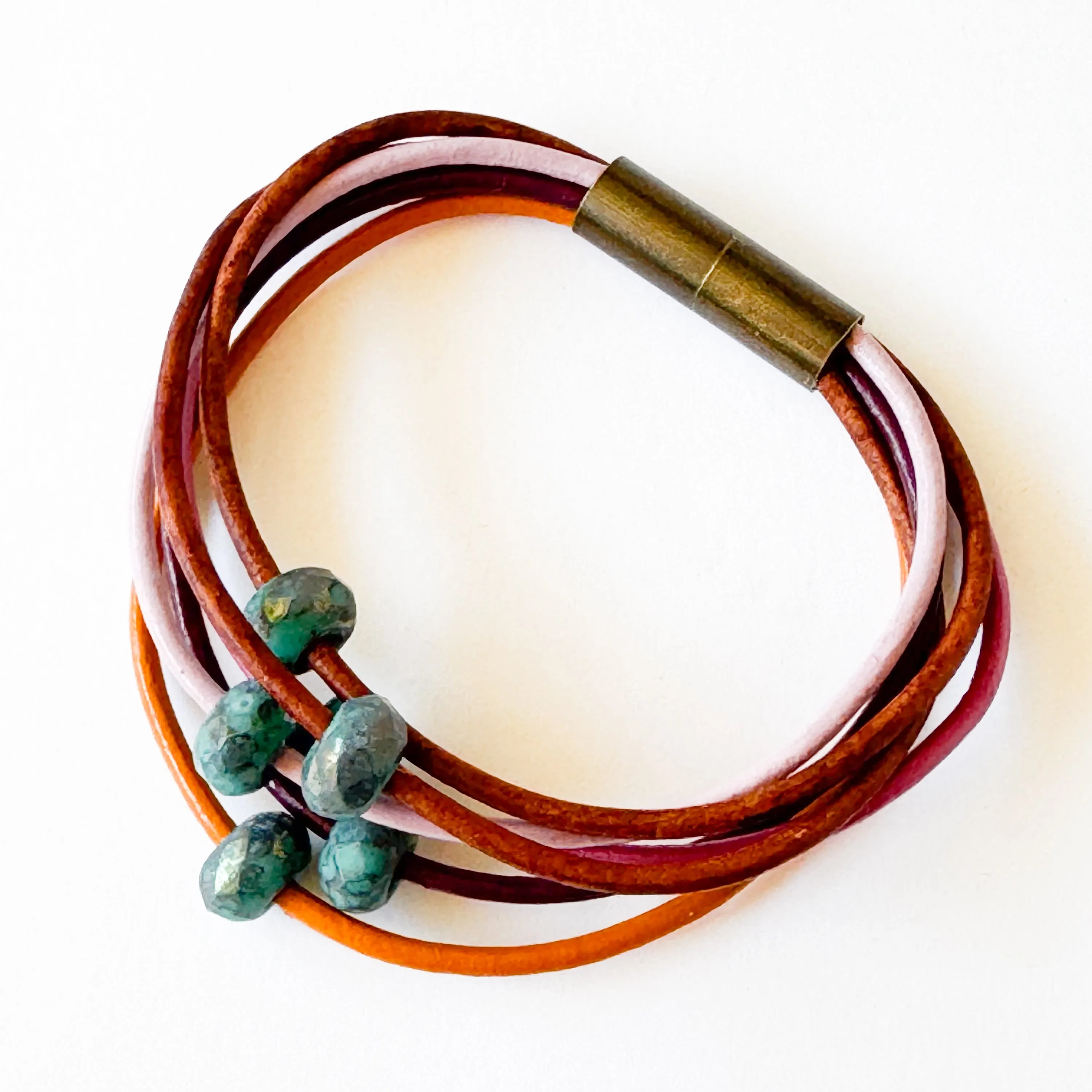 Leather and Turquoise Glass Bead Bracelet