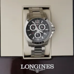 Longines Conquest Chronograph Stainless Steel Black Dial Date Divers Quartz Mens Watch L3.700.4.56.6