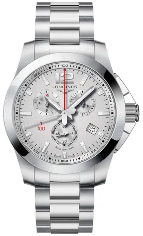 Longines Conquest Chronograph Stainless Steel Silver-Tone Dial Date Quartz Divers Mens Watch L3.800.4.76.6