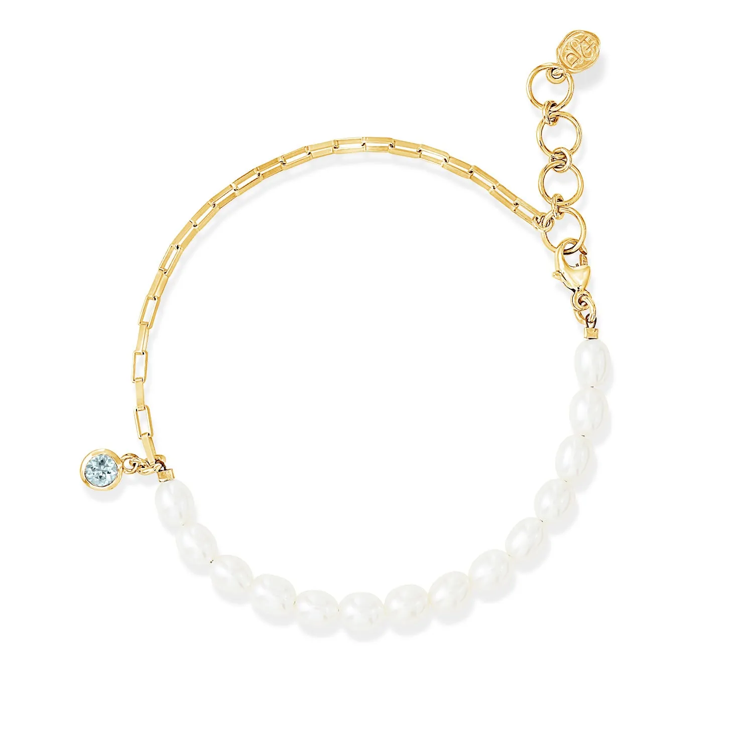 Luna White Pearl, Chain and Aquamarine Drop Bracelet