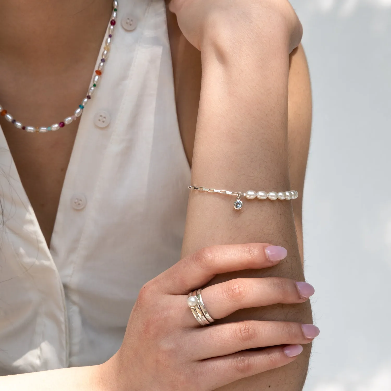 Luna White Pearl, Chain and Aquamarine Drop Bracelet