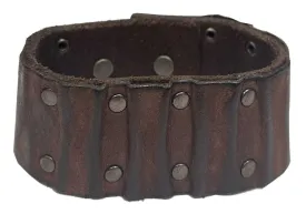 Men's Studded Ribbed Leather Cuff Bracelet Adjustable Wristband, Brown