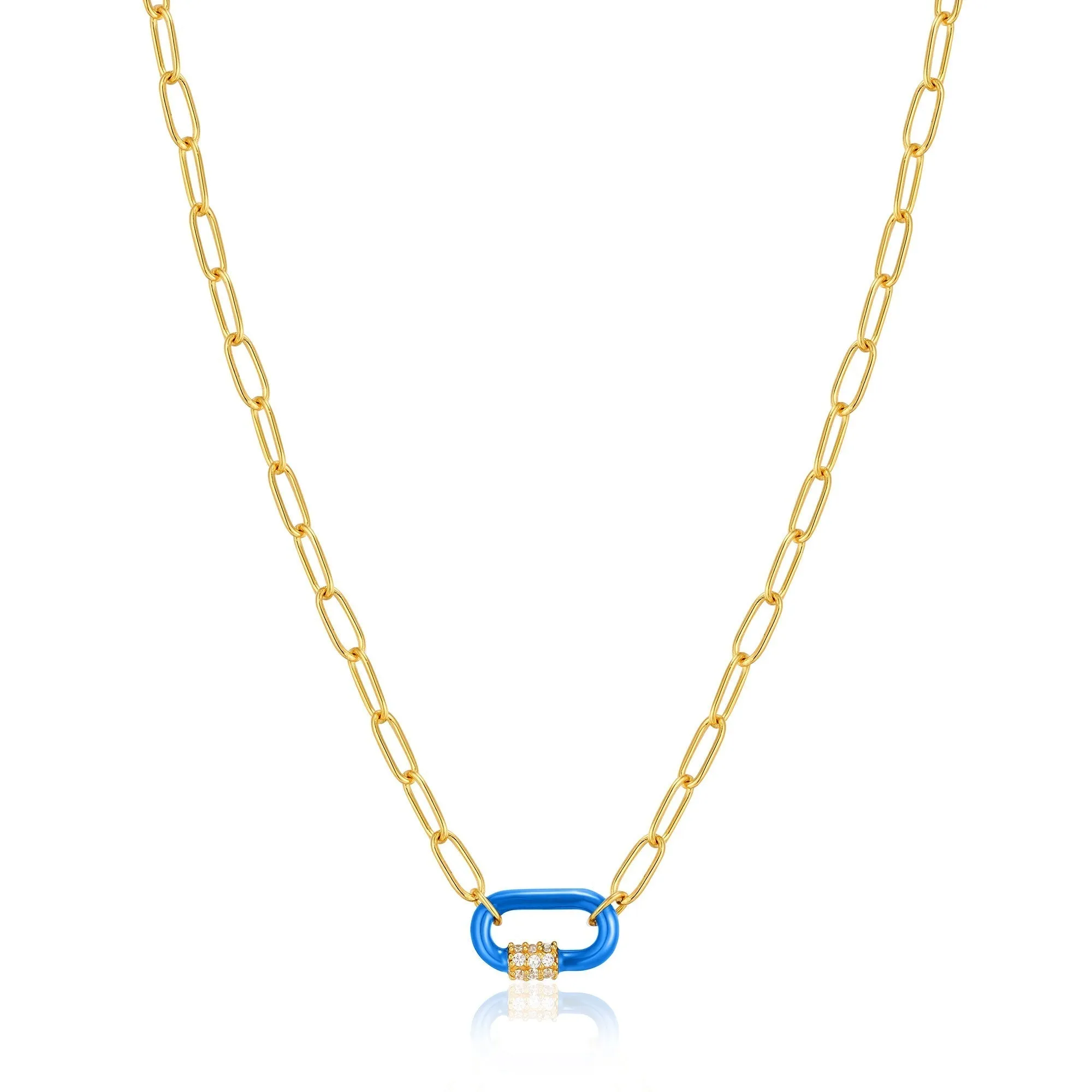 Neon Blue Enamel Carabiner Gold Necklace