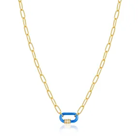 Neon Blue Enamel Carabiner Gold Necklace