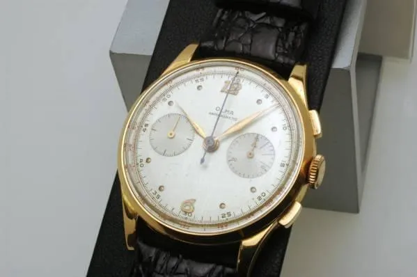 Olma hand-wound chronograph 18k gold case Landeron 1930s