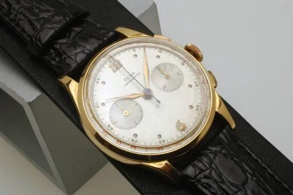 Olma hand-wound chronograph 18k gold case Landeron 1930s