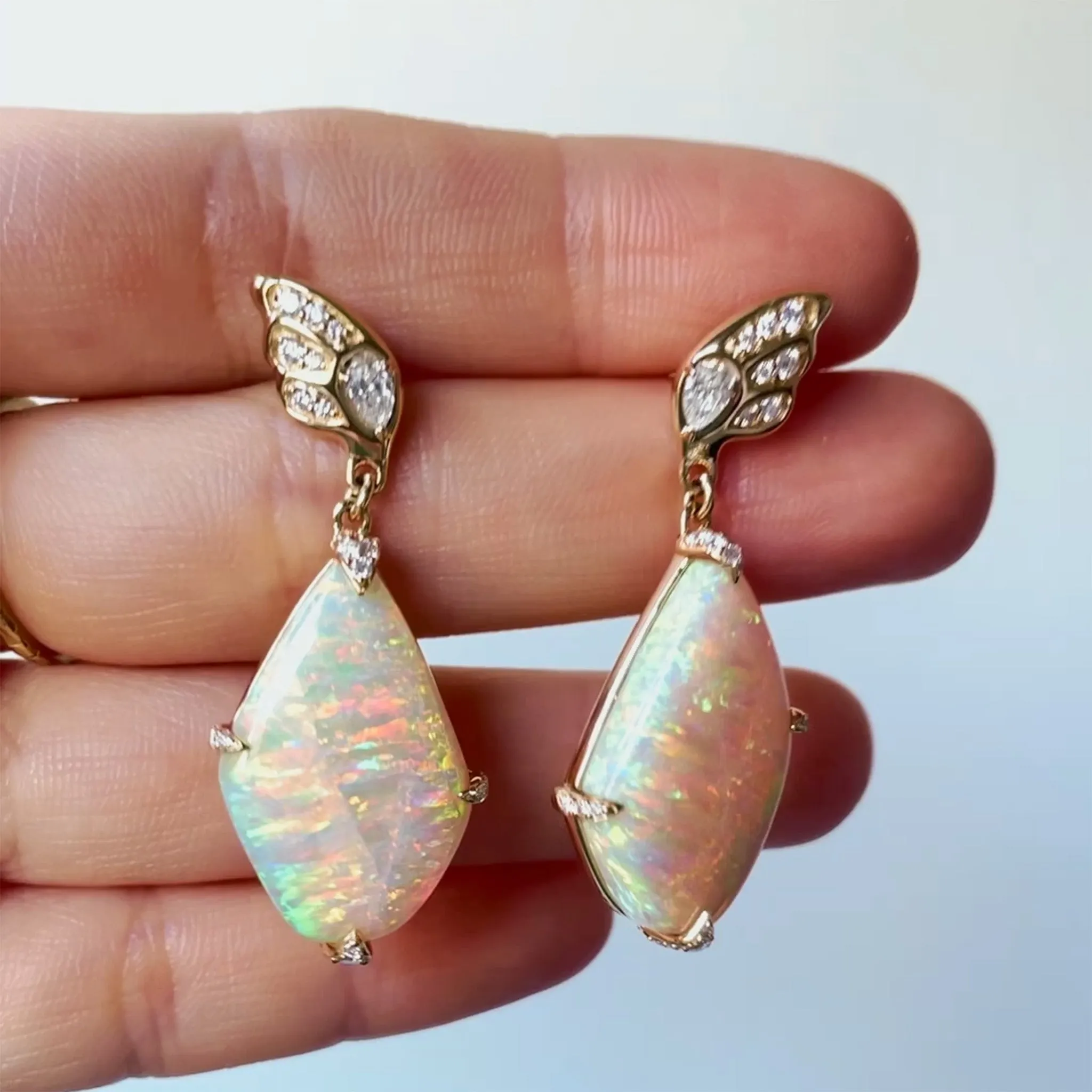 One of a Kind Australian Crystal Opal and Diamond Butterfly Earrings