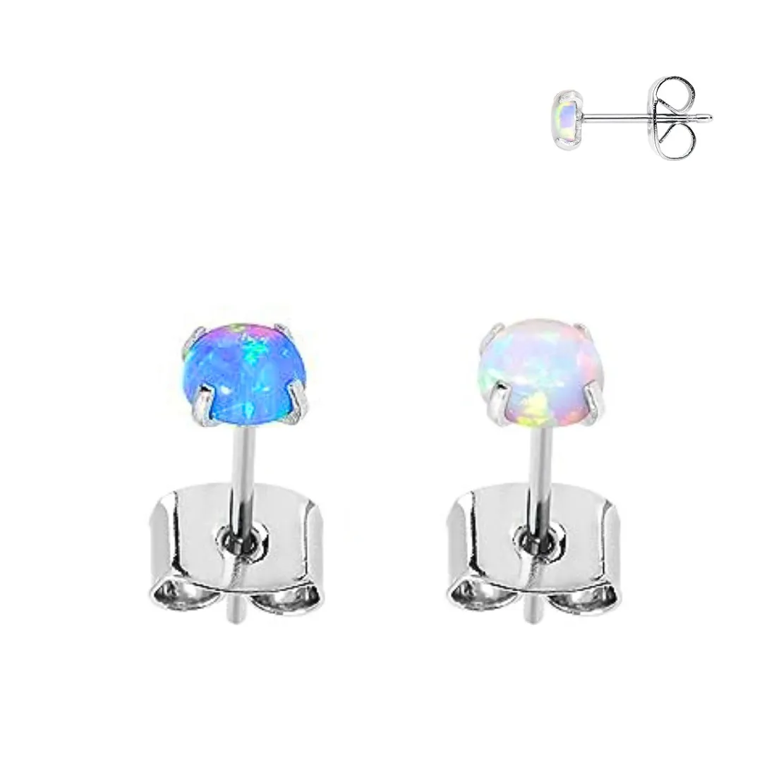 PAIR of Steel Prong Set Opal Stone Stud Earrings