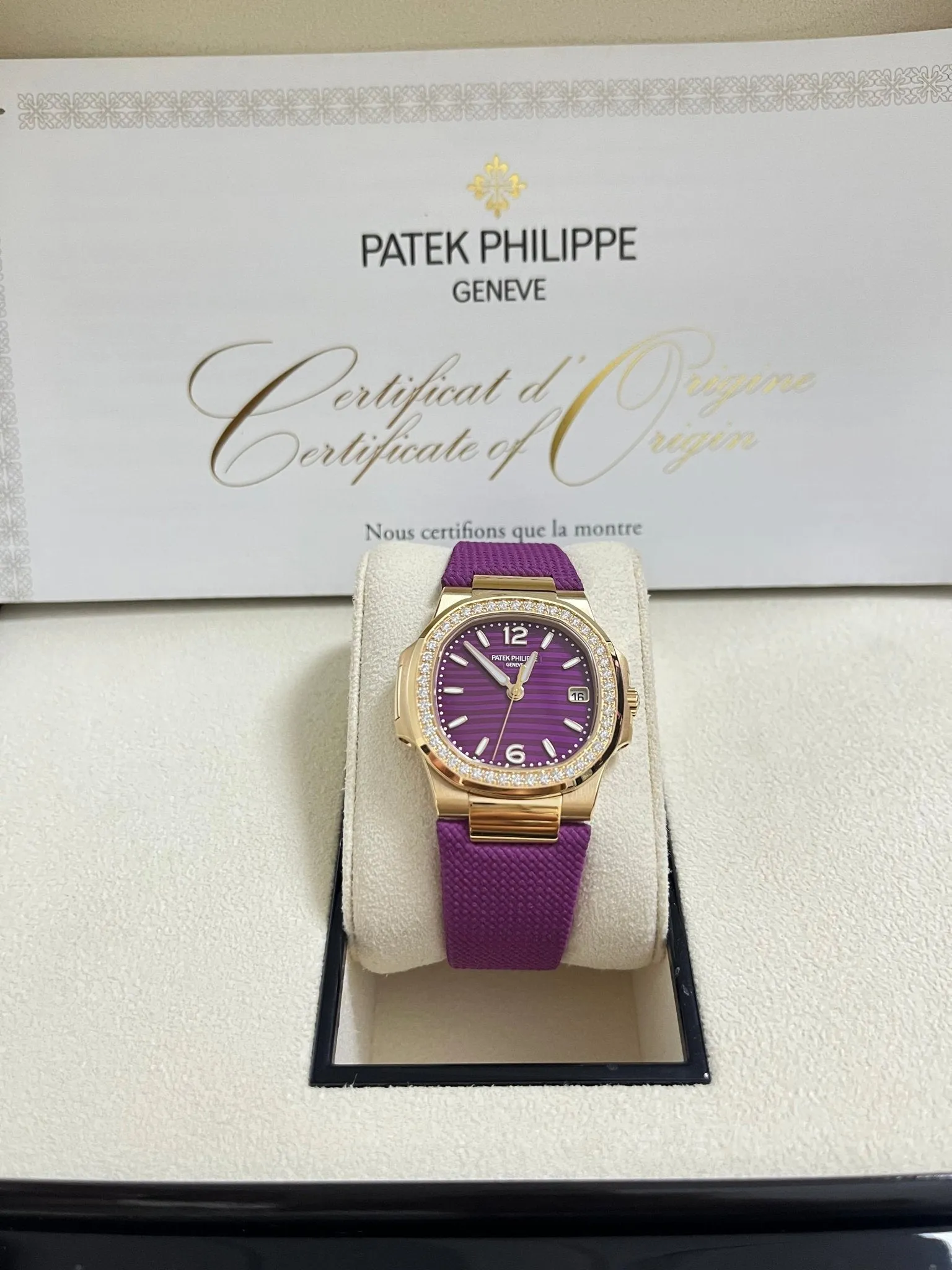 Patek Philippe Nautilus 32mm Diamond Bezel Rose Gold Purple Wave Dial 7010R-013