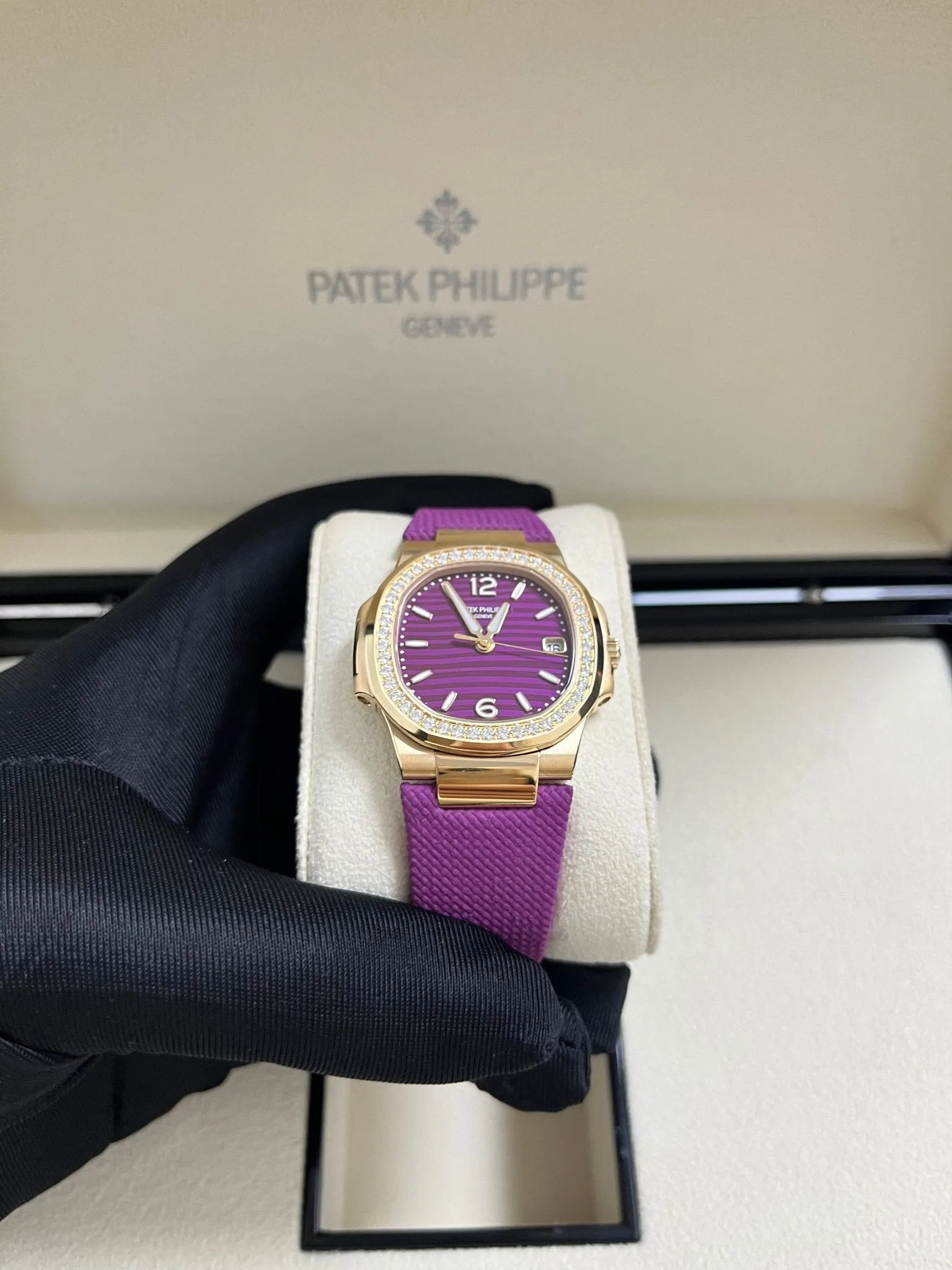 Patek Philippe Nautilus 32mm Diamond Bezel Rose Gold Purple Wave Dial 7010R-013