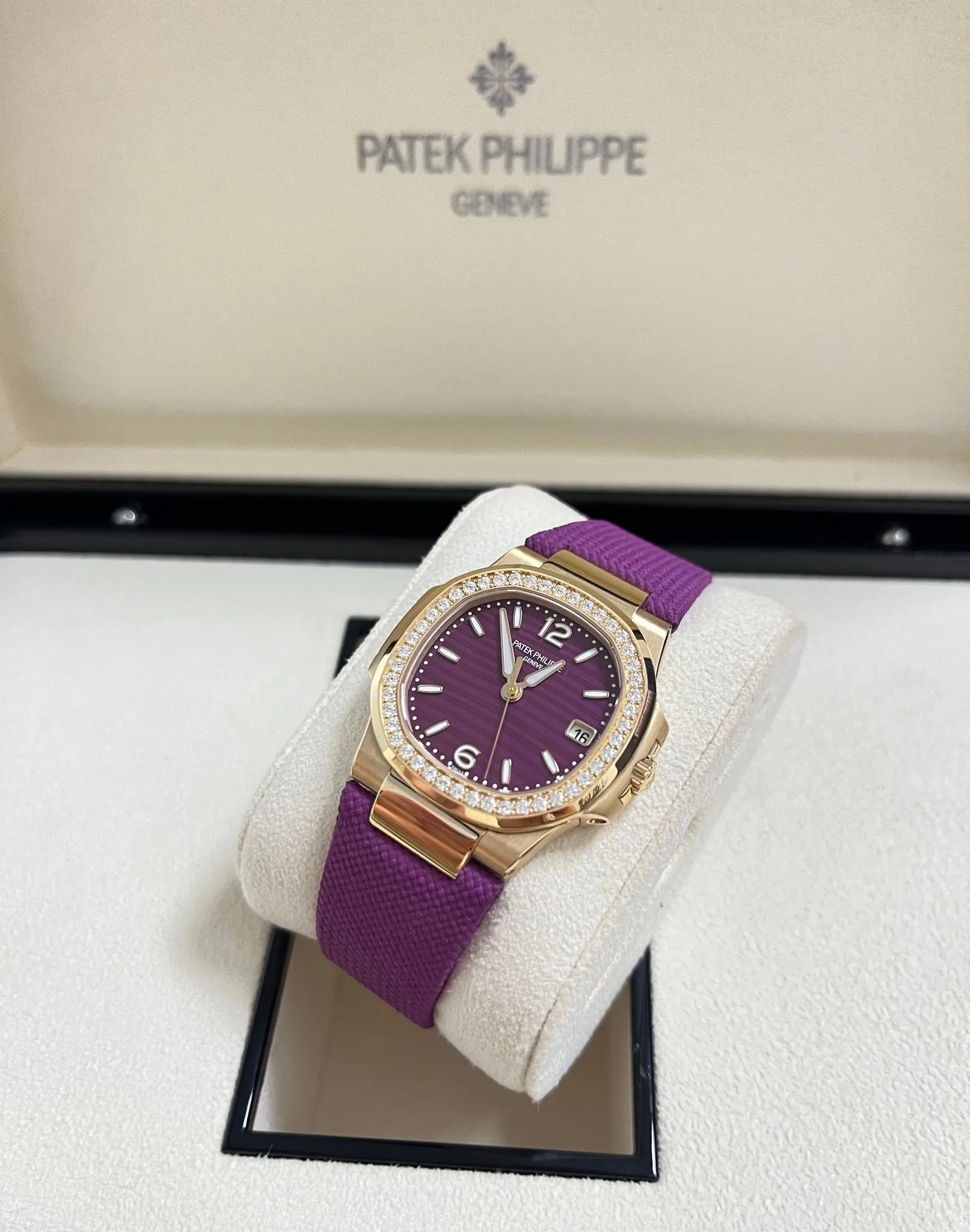 Patek Philippe Nautilus 32mm Diamond Bezel Rose Gold Purple Wave Dial 7010R-013