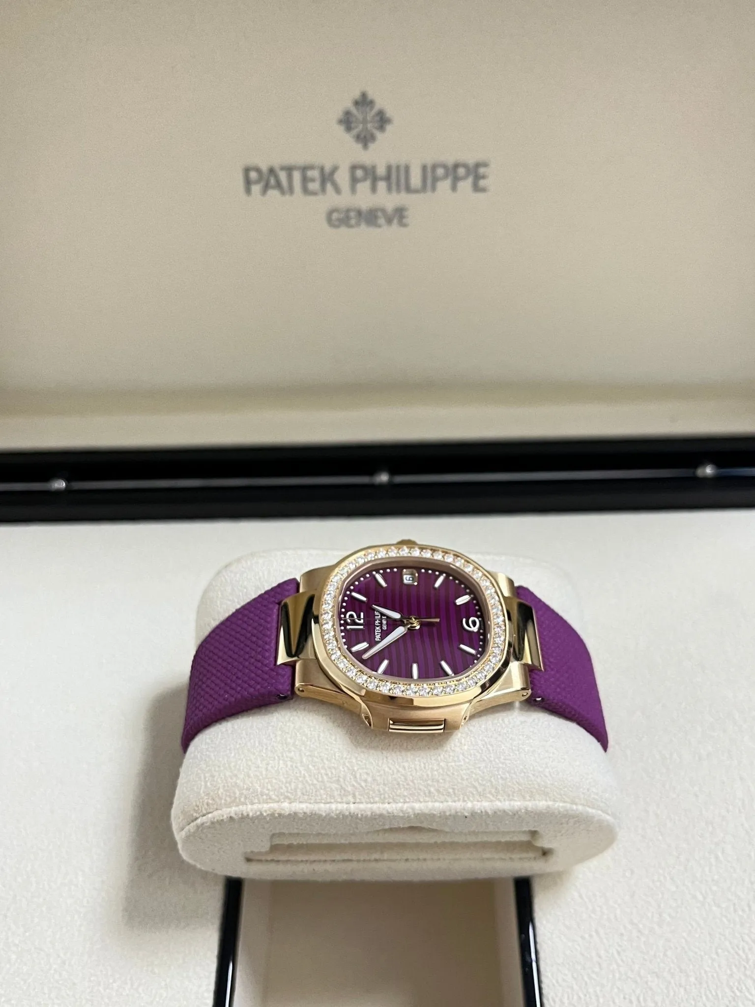 Patek Philippe Nautilus 32mm Diamond Bezel Rose Gold Purple Wave Dial 7010R-013