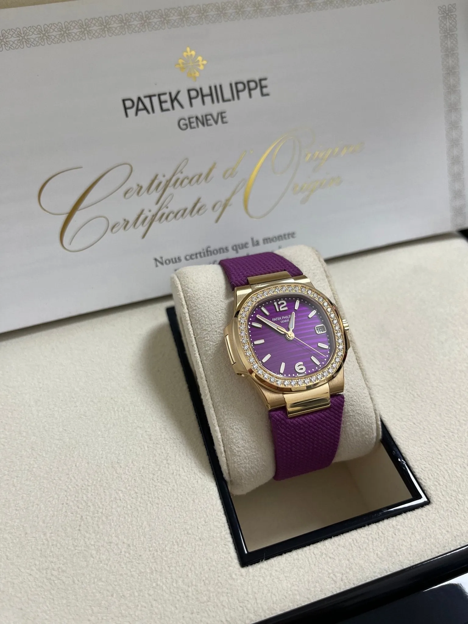 Patek Philippe Nautilus 32mm Diamond Bezel Rose Gold Purple Wave Dial 7010R-013