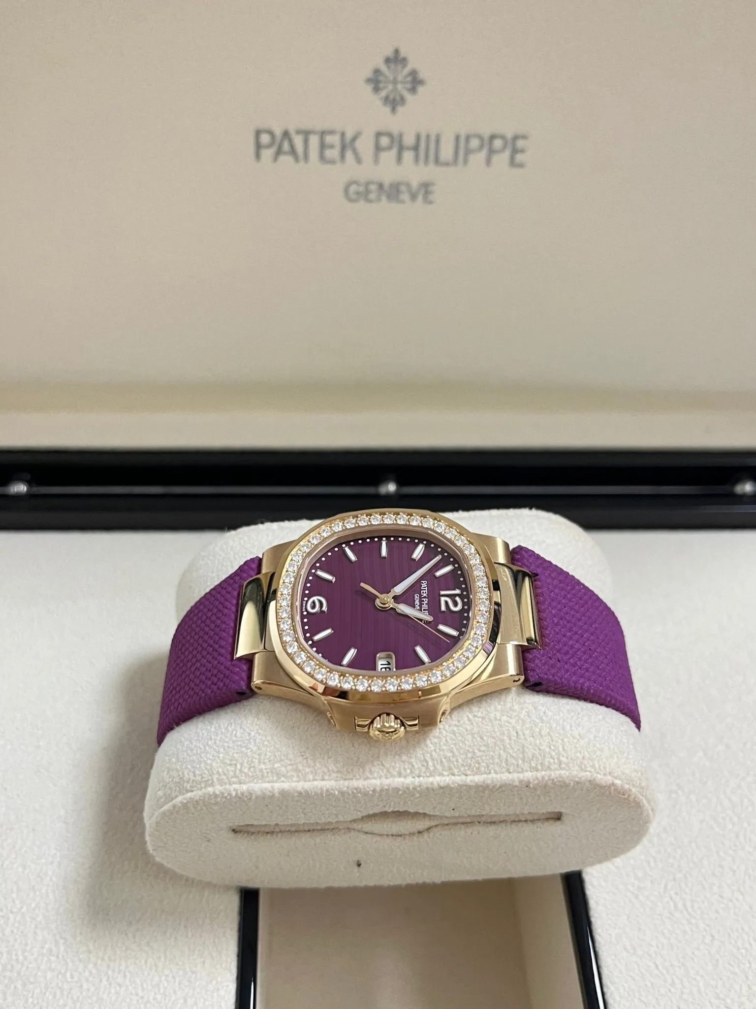 Patek Philippe Nautilus 32mm Diamond Bezel Rose Gold Purple Wave Dial 7010R-013