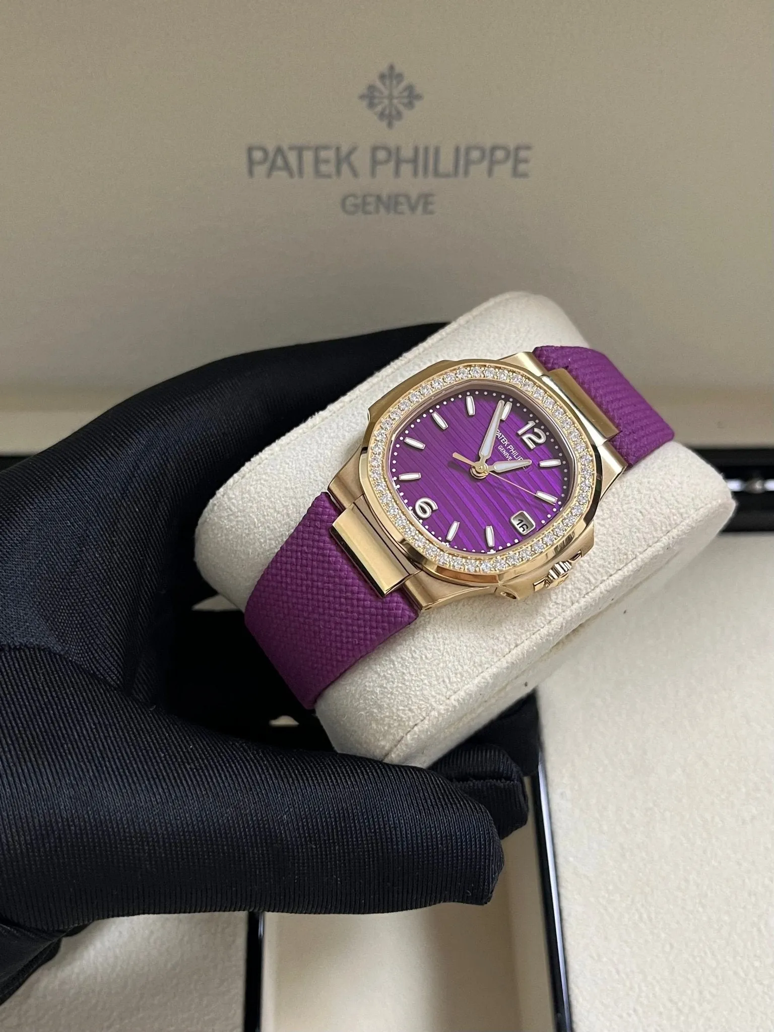 Patek Philippe Nautilus 32mm Diamond Bezel Rose Gold Purple Wave Dial 7010R-013