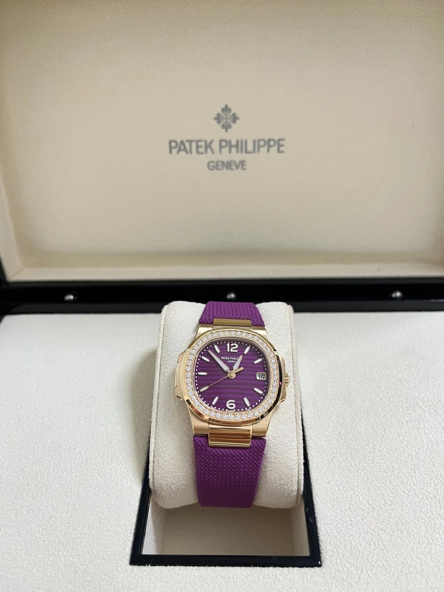 Patek Philippe Nautilus 32mm Diamond Bezel Rose Gold Purple Wave Dial 7010R-013