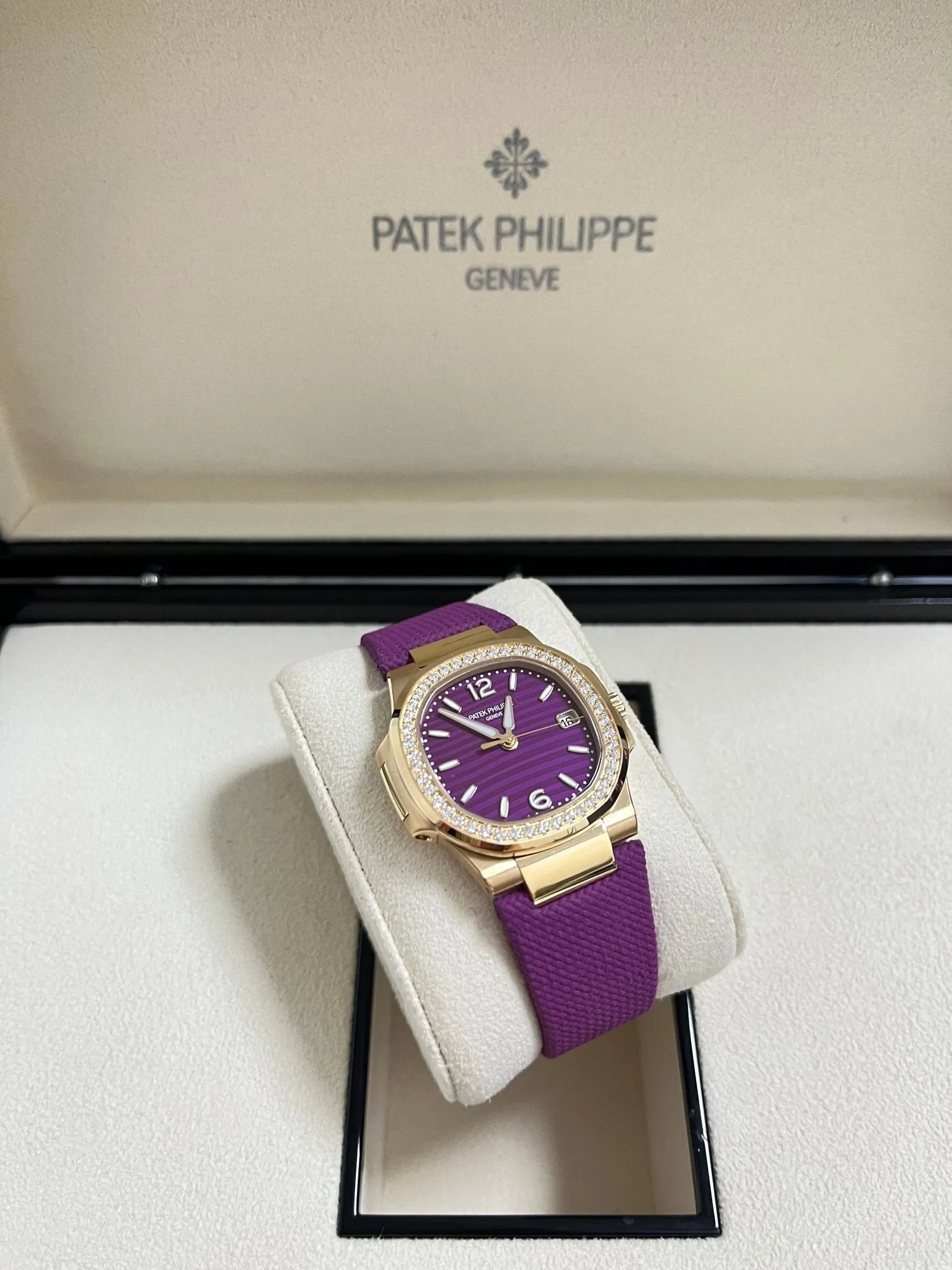 Patek Philippe Nautilus 32mm Diamond Bezel Rose Gold Purple Wave Dial 7010R-013