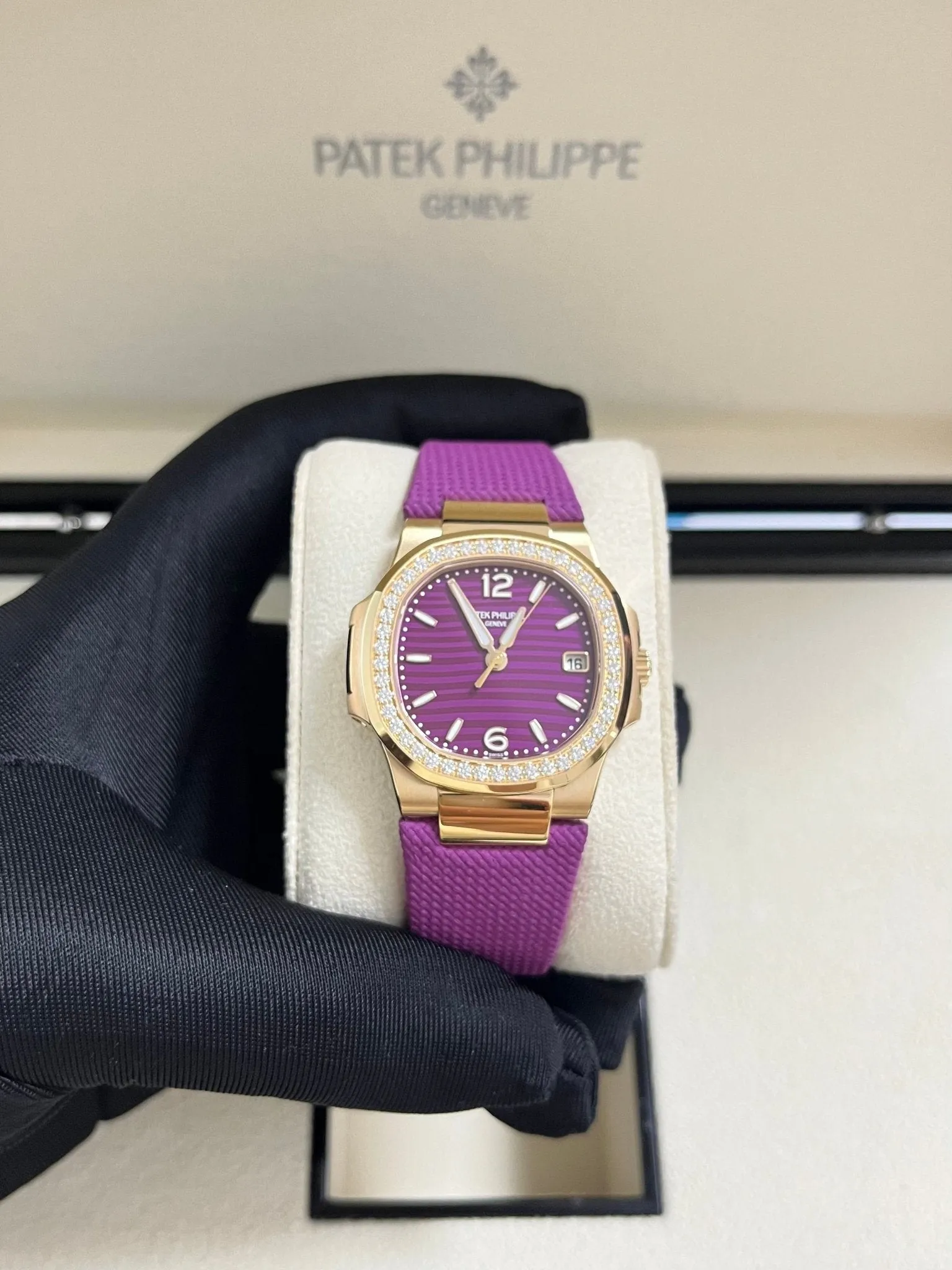 Patek Philippe Nautilus 32mm Diamond Bezel Rose Gold Purple Wave Dial 7010R-013