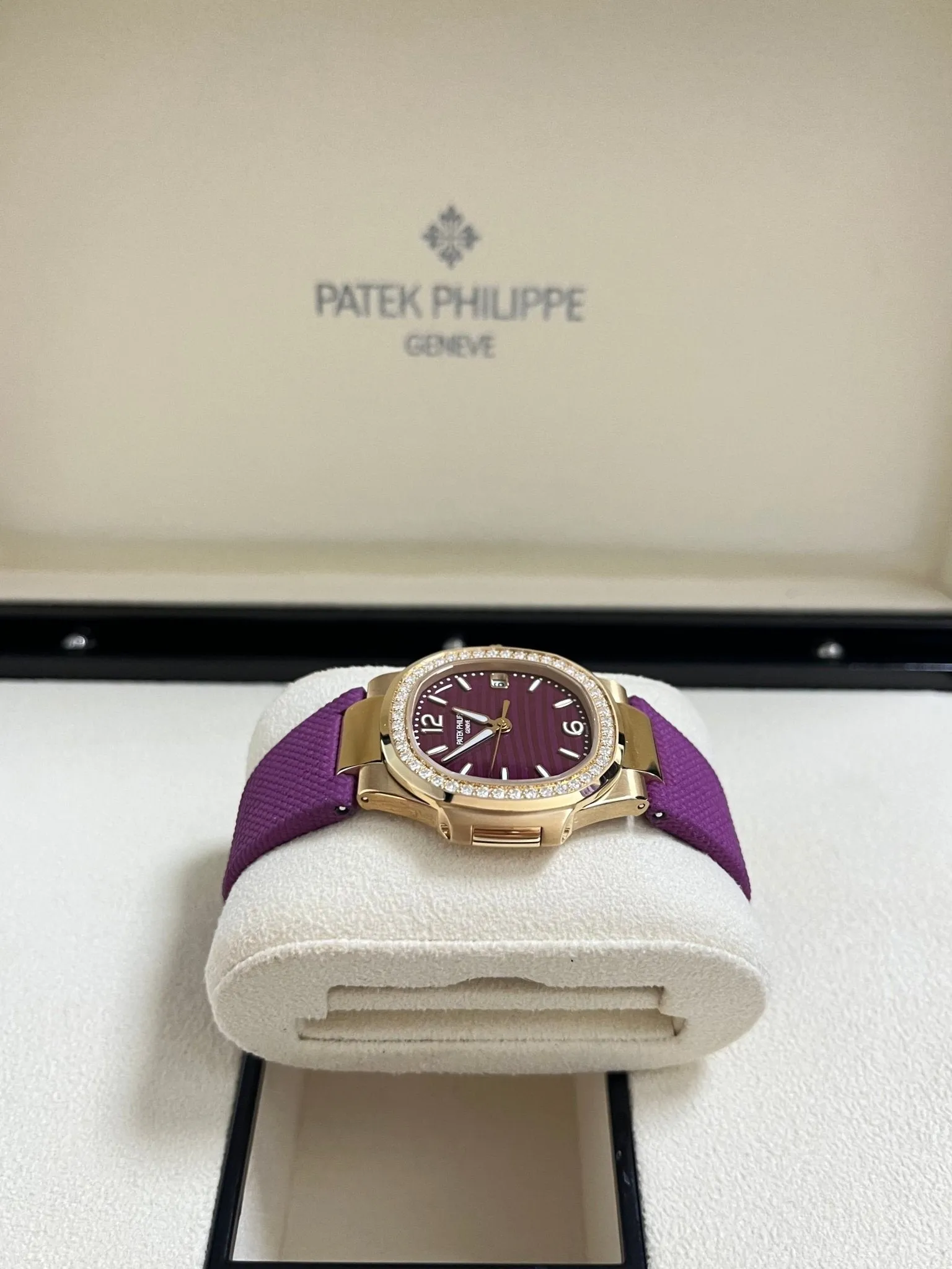 Patek Philippe Nautilus 32mm Diamond Bezel Rose Gold Purple Wave Dial 7010R-013