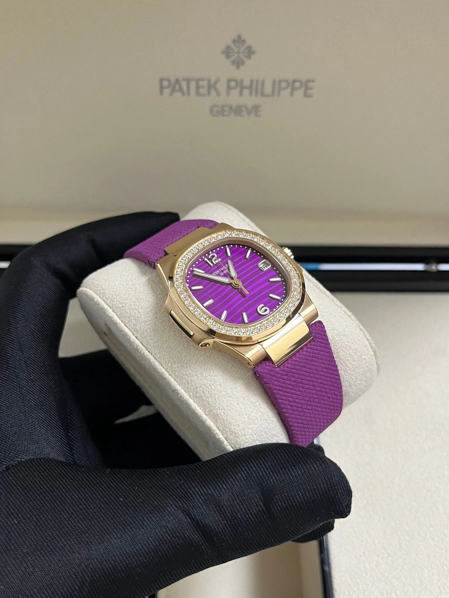 Patek Philippe Nautilus 32mm Diamond Bezel Rose Gold Purple Wave Dial 7010R-013