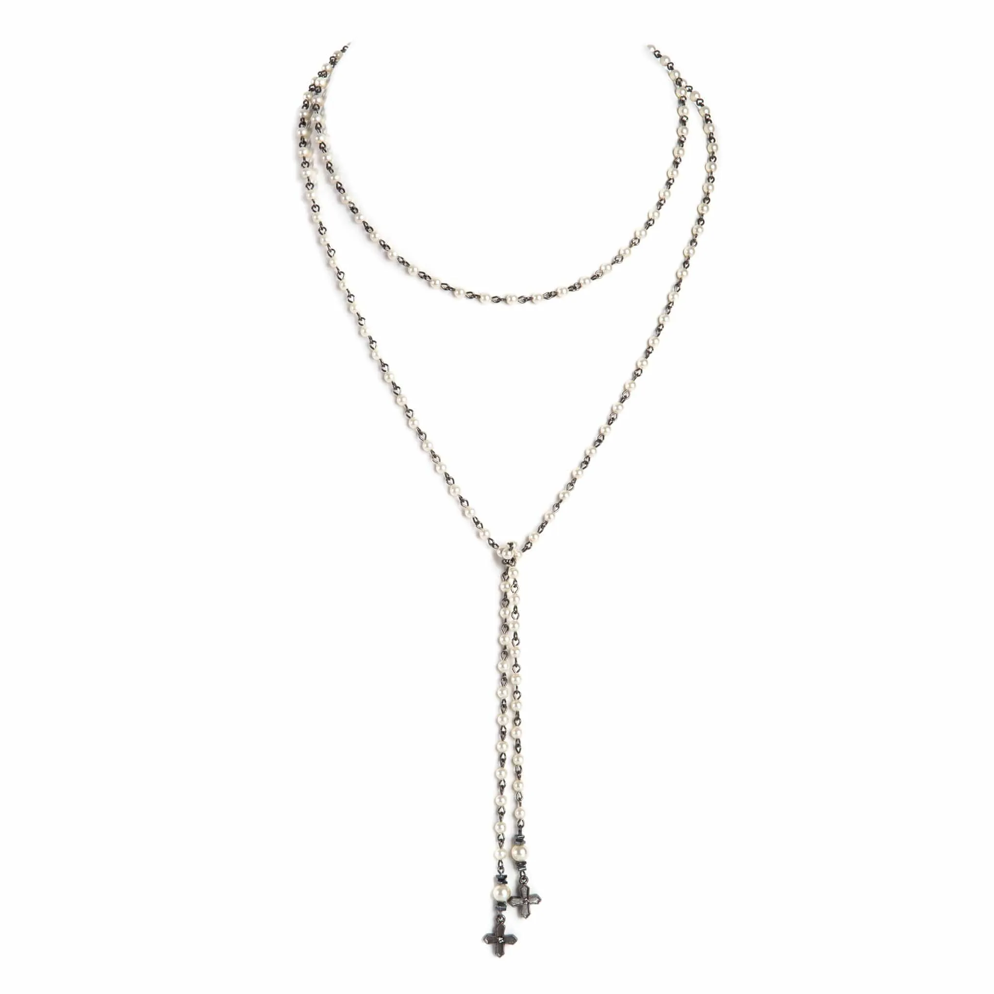 Peace Cross Beaded Lariat Cream Pearl