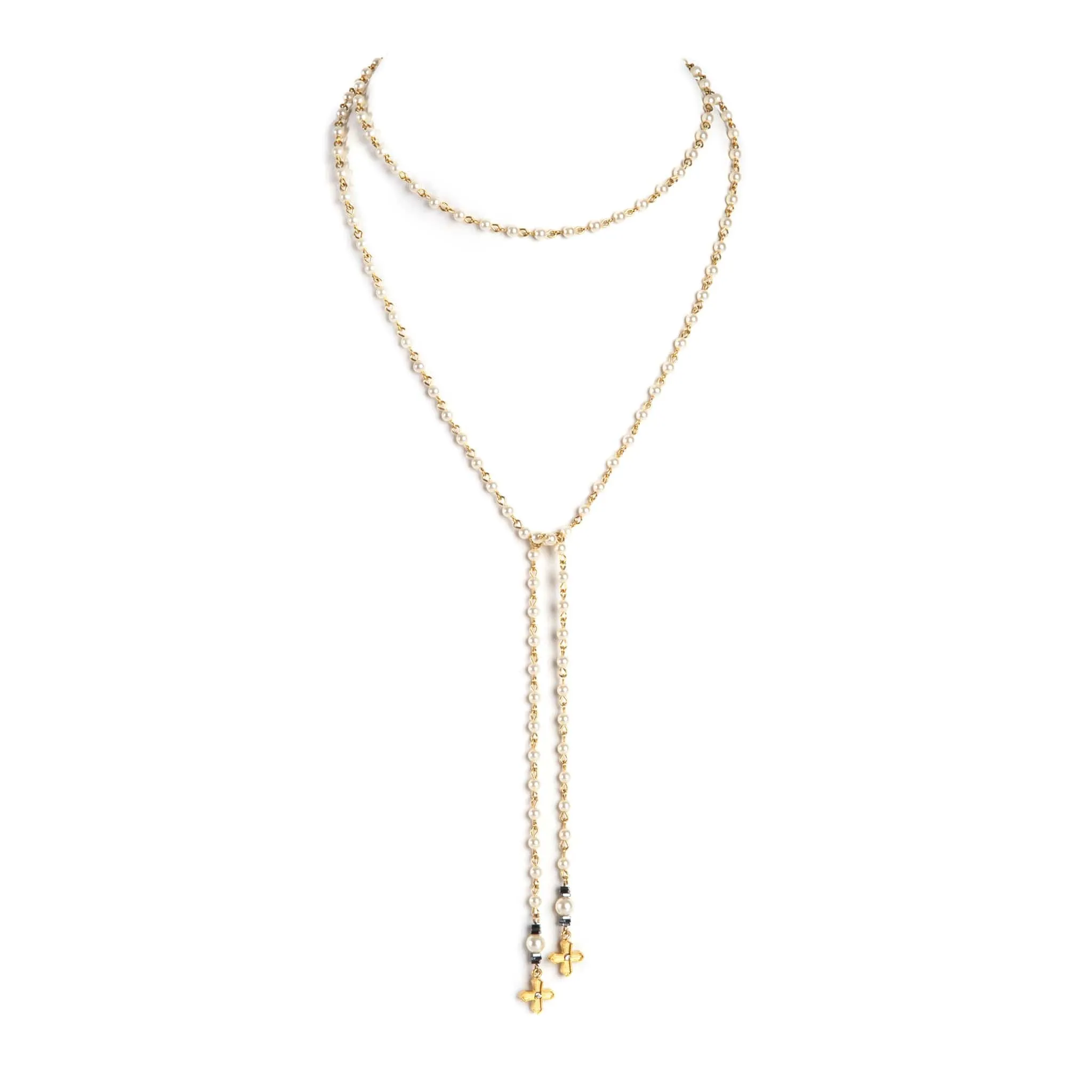 Peace Cross Beaded Lariat Cream Pearl