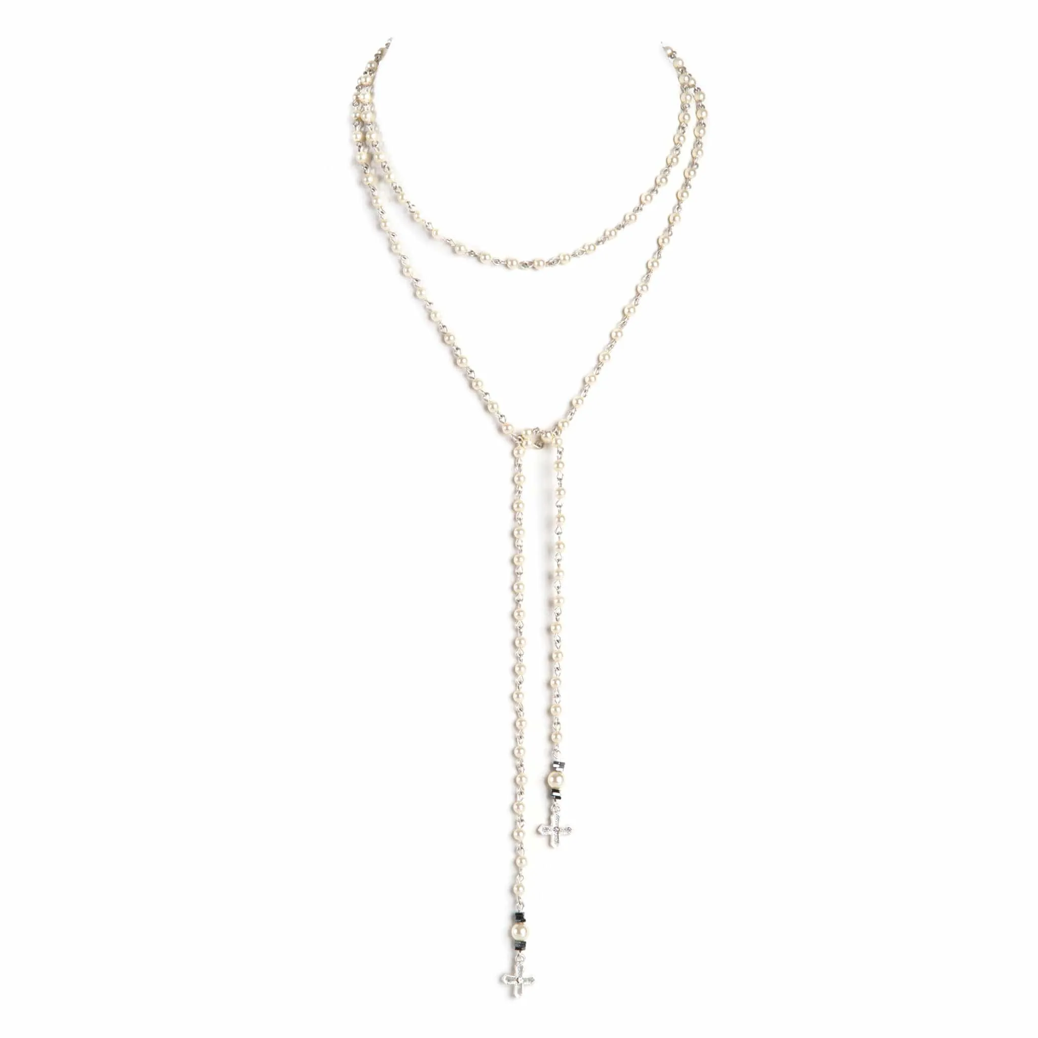 Peace Cross Beaded Lariat Cream Pearl