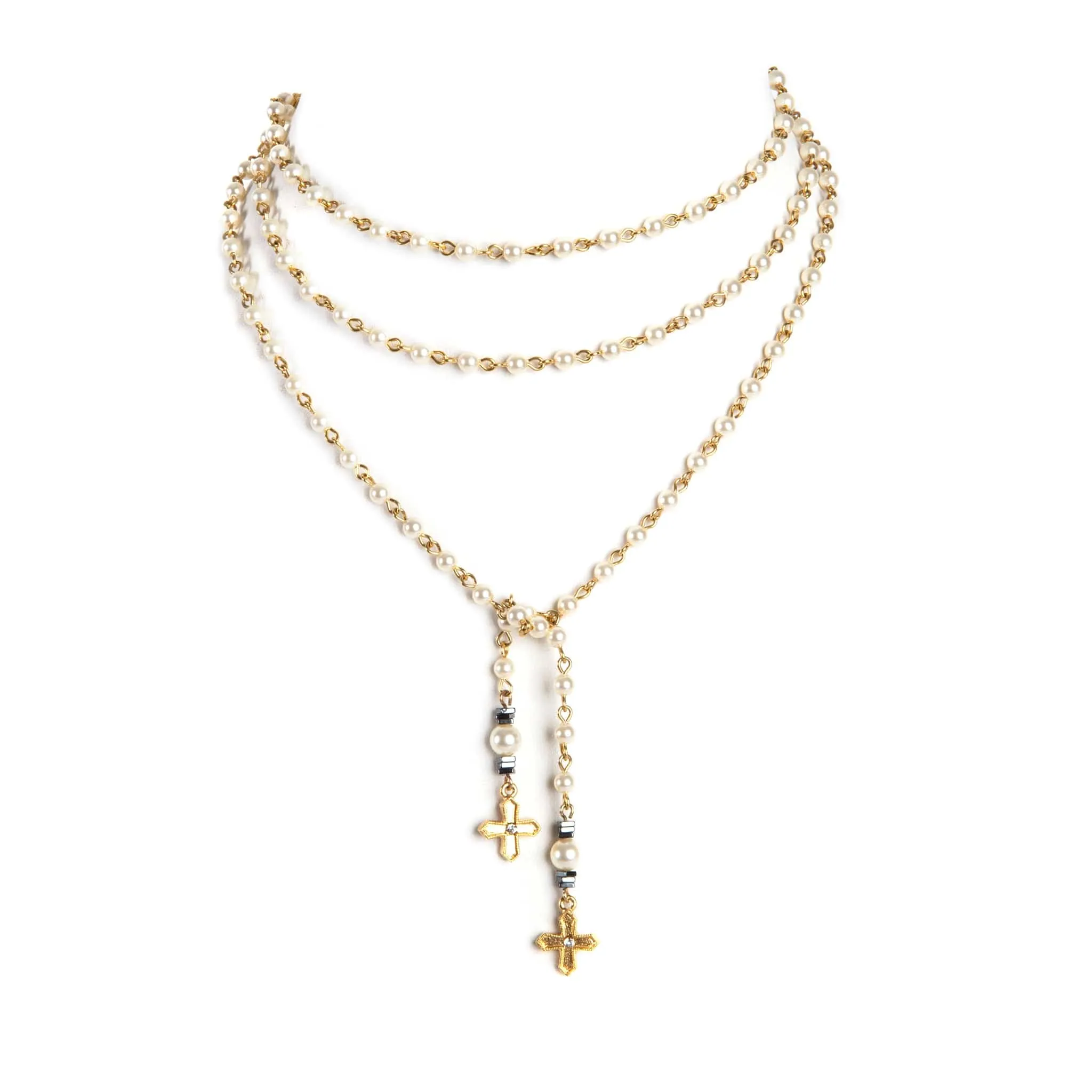 Peace Cross Beaded Lariat Cream Pearl