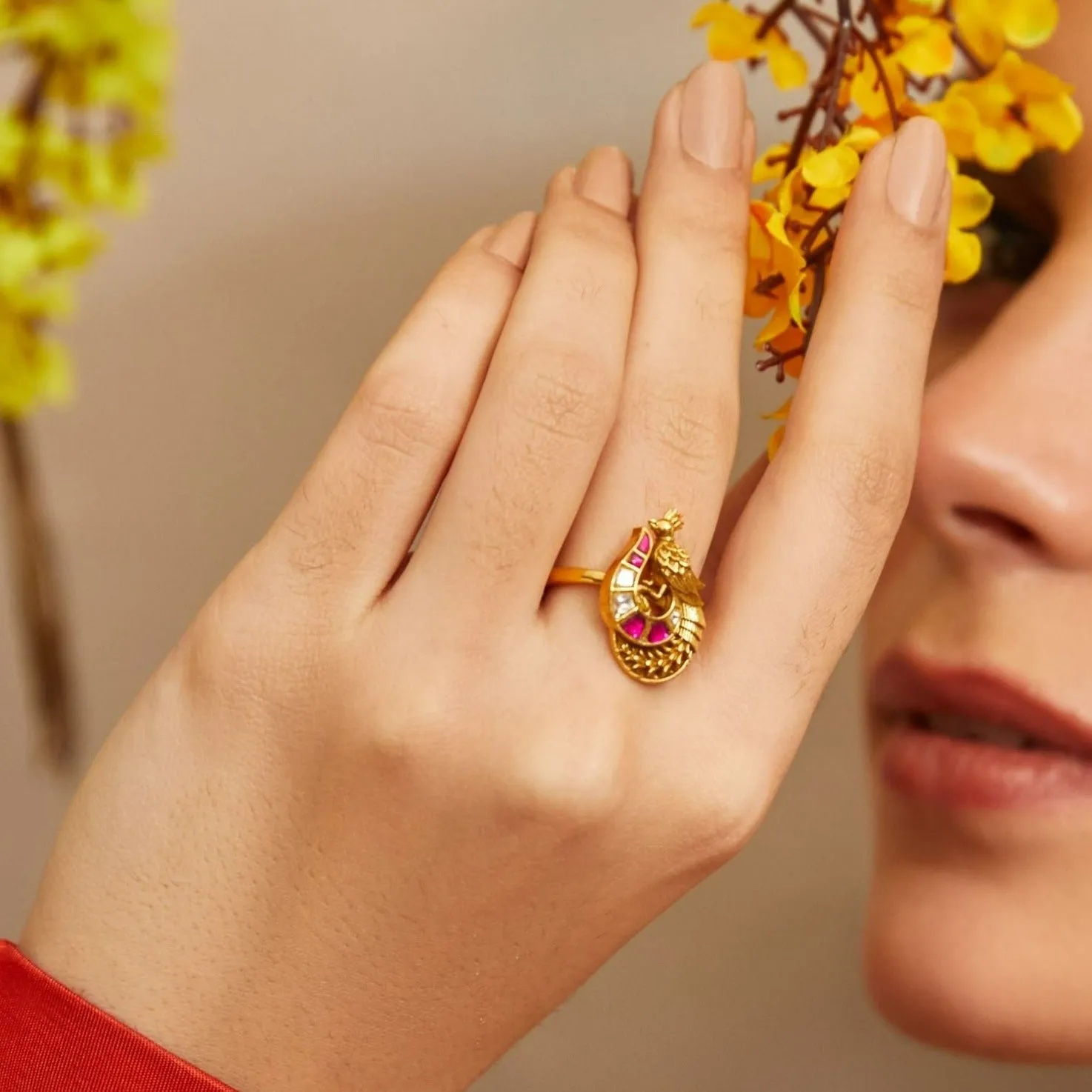 Peacock Jadau Silver Finger Ring