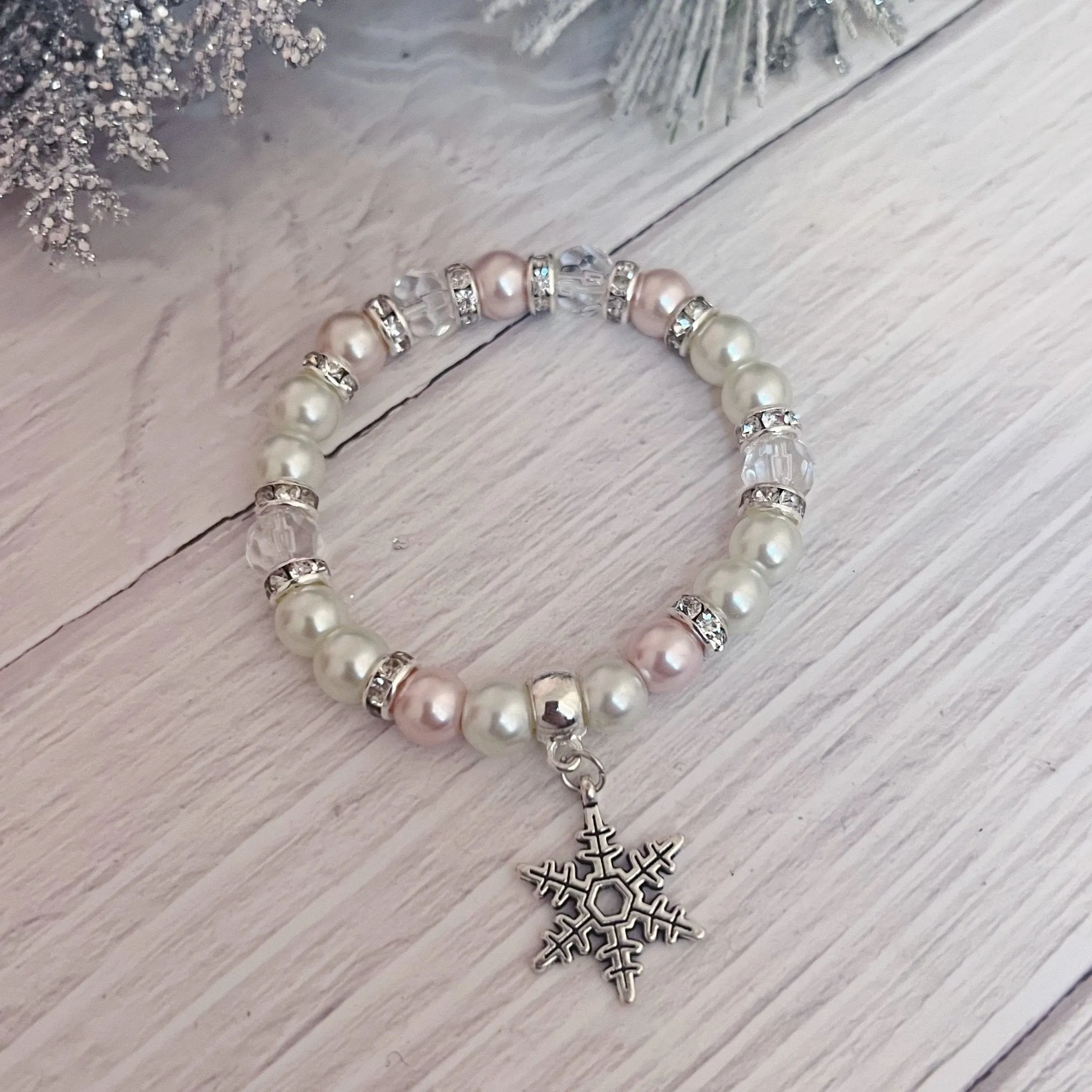 Pearl Snowflake charm holiday Christmas bracelet