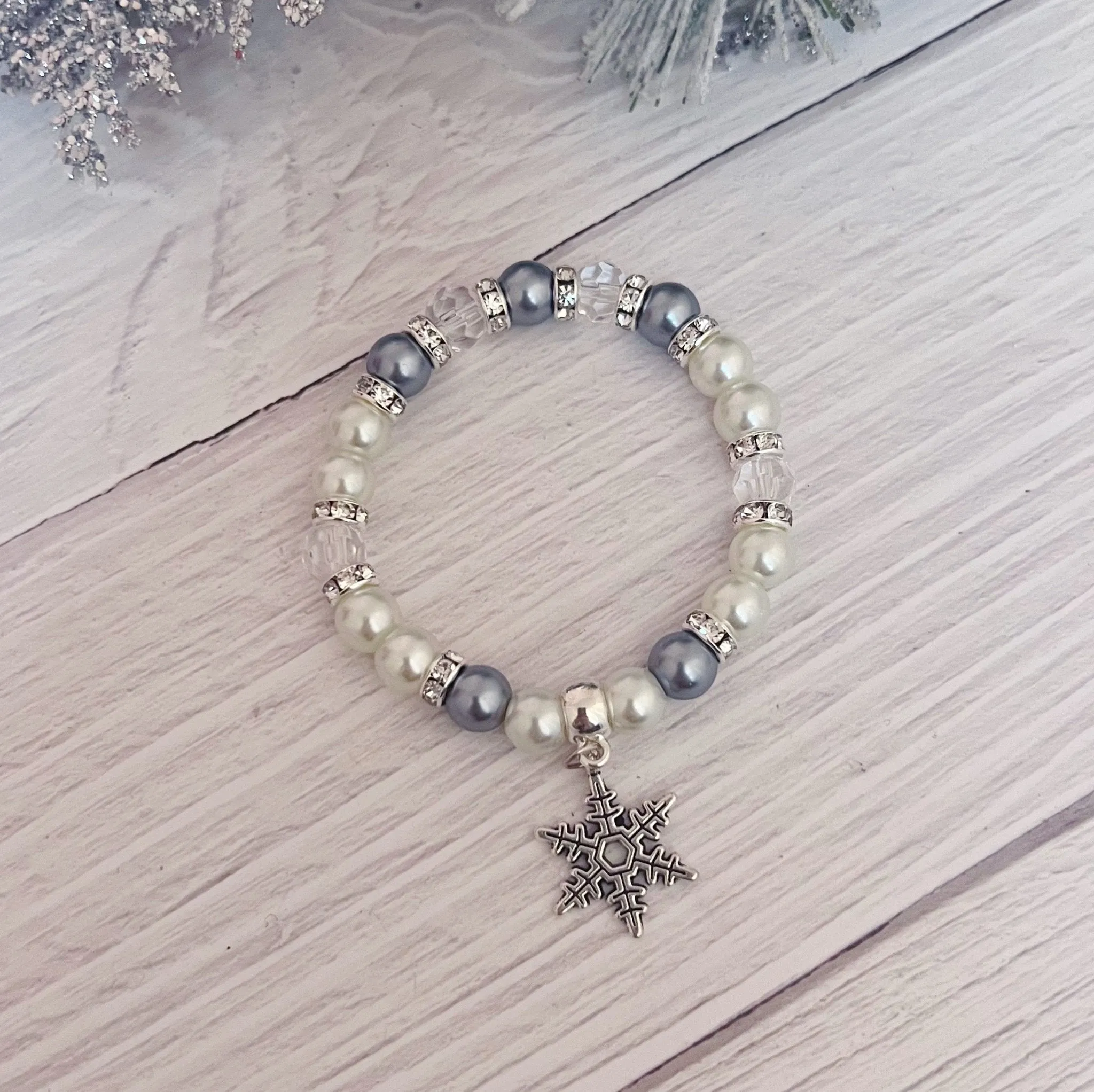 Pearl Snowflake charm holiday Christmas bracelet