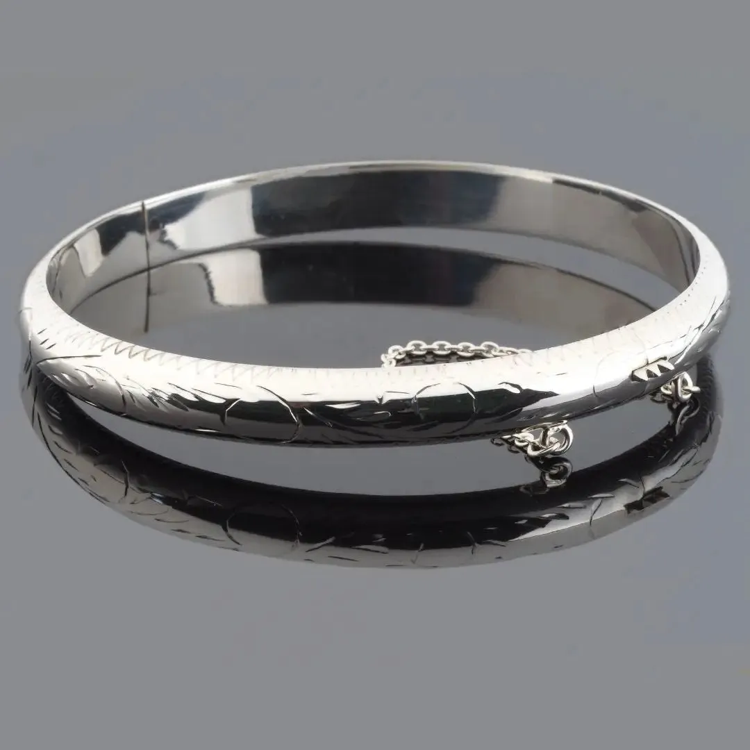 Personalised 7mm Engraved Sterling Silver Bangle Hand Engraved Pattern