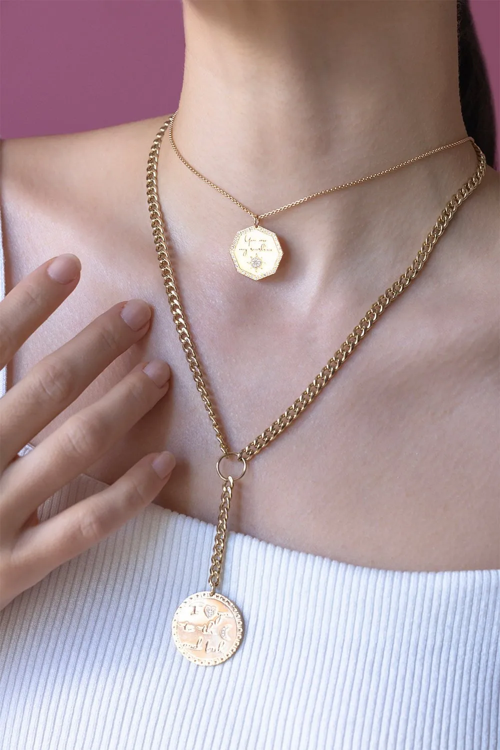 "I Love You To The Moon and Back" Mantra Curb Chain Lariat Necklace