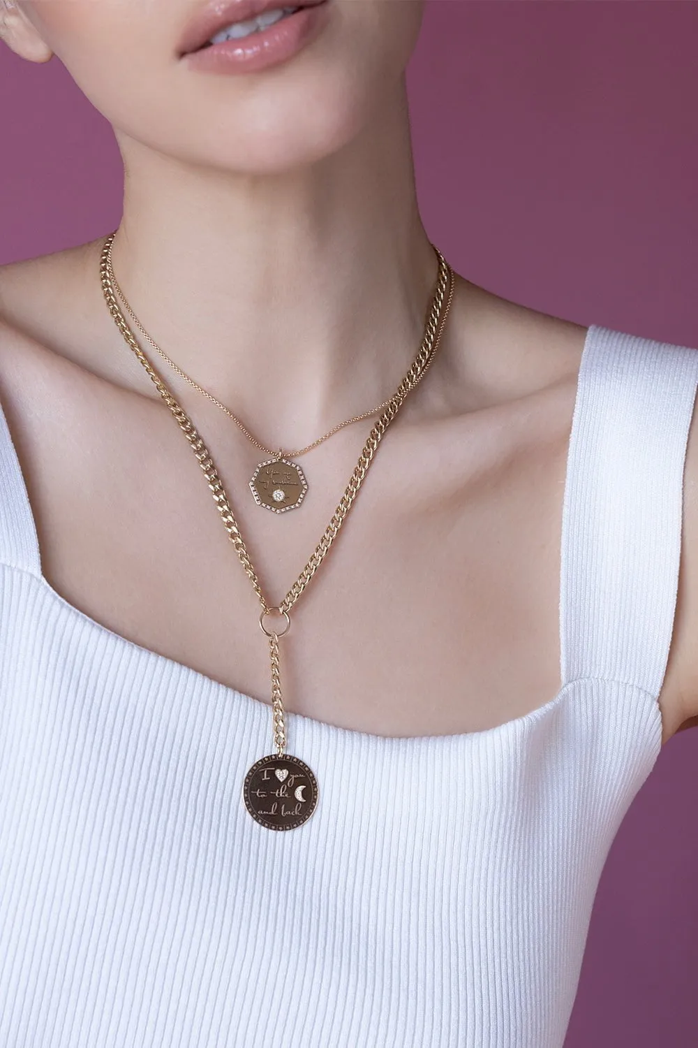 "I Love You To The Moon and Back" Mantra Curb Chain Lariat Necklace