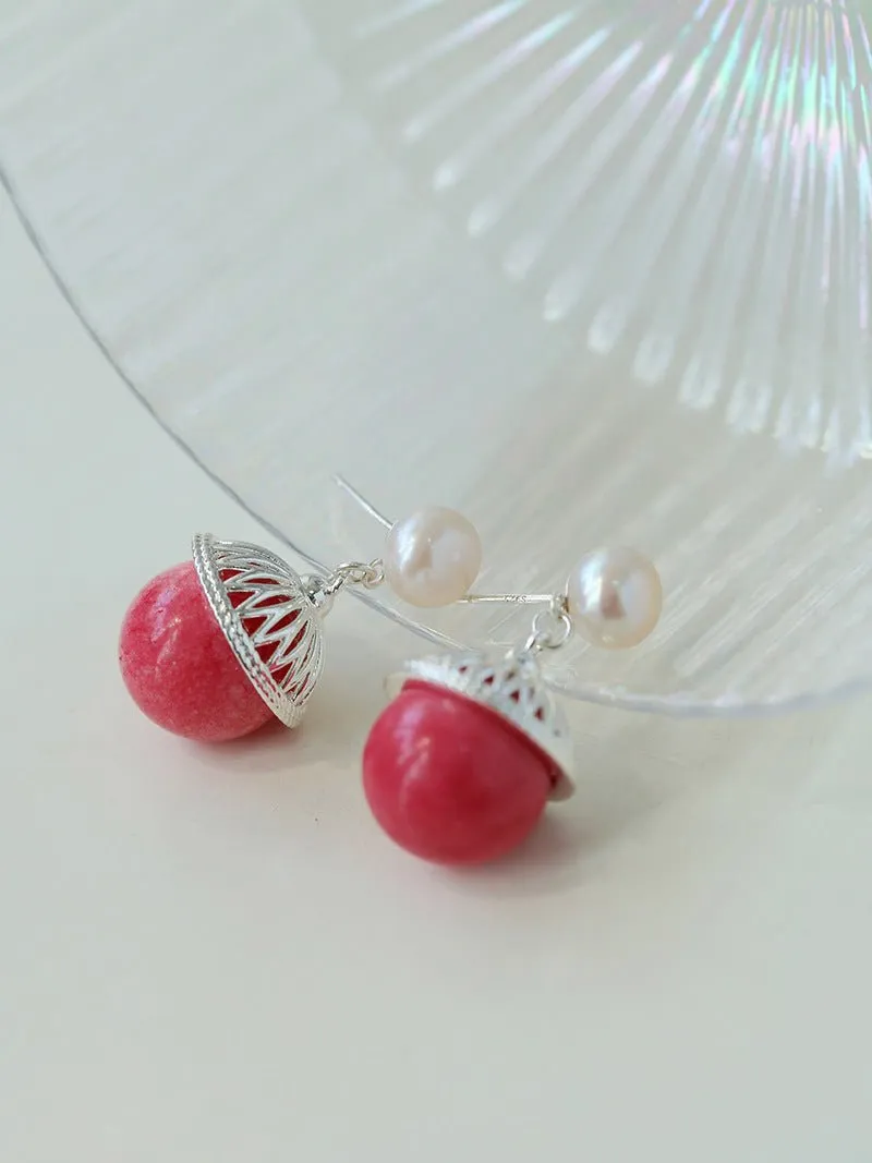 Rose Chalcedony Gemstone Drop Pearl Earrings