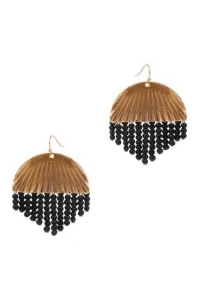 Round Wood Beaded Tassel Hook Earrings- Black