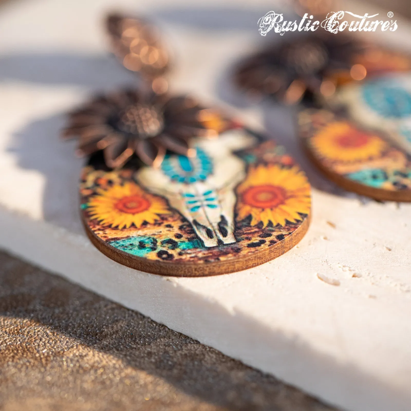 Rustic Couture's Metal Sunflower Wood Painted Bull Skull Dangling Earring