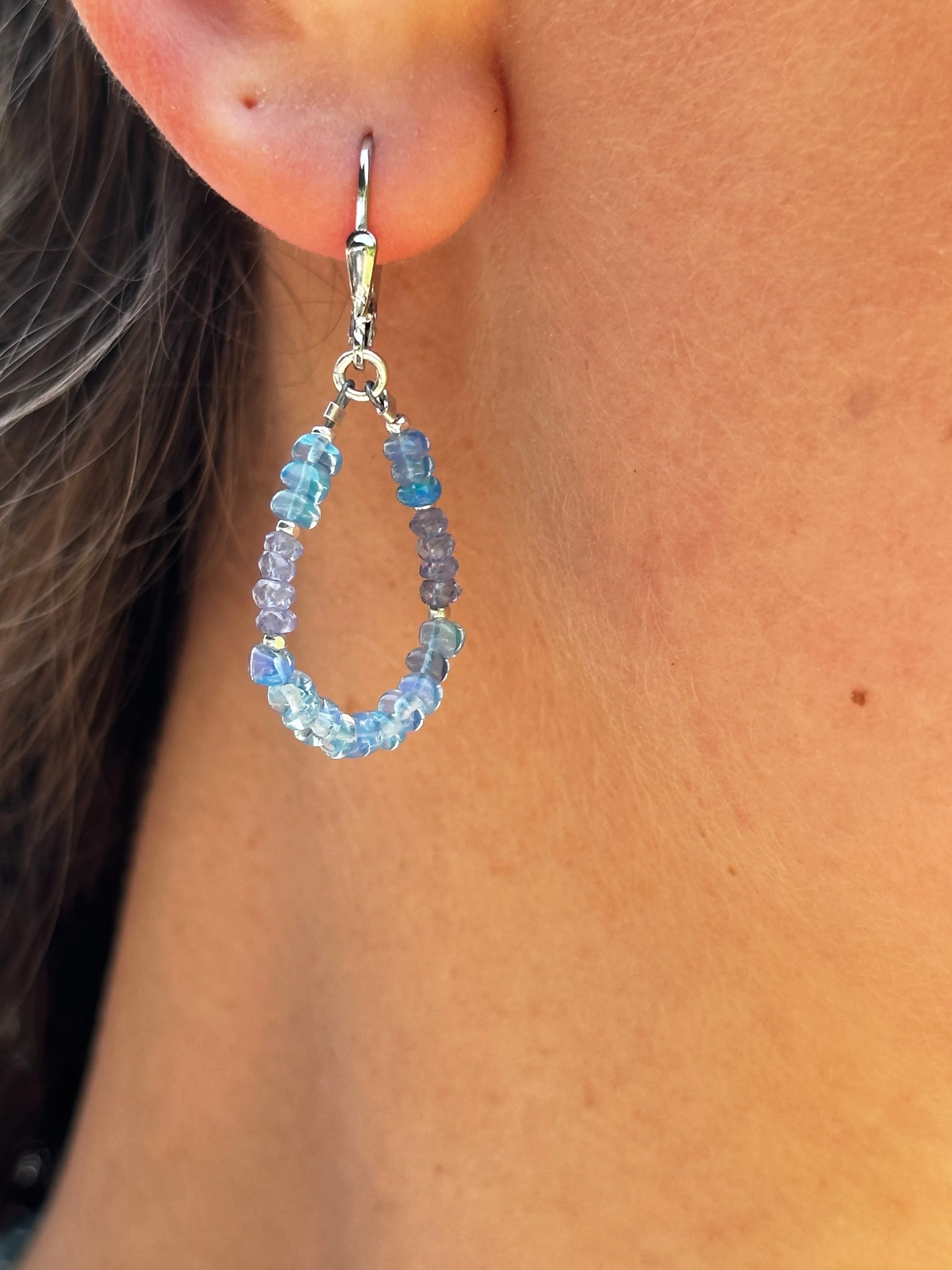 Silver Leverback Earrings with Blue Opal & Tanzanite - Small