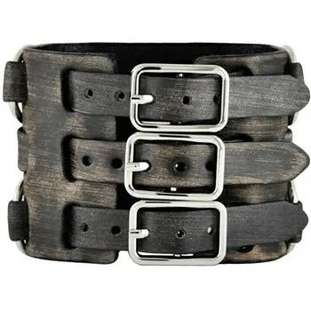 Skull Black Watch with Distressed Black Leather Ring Triple Strap Cuff